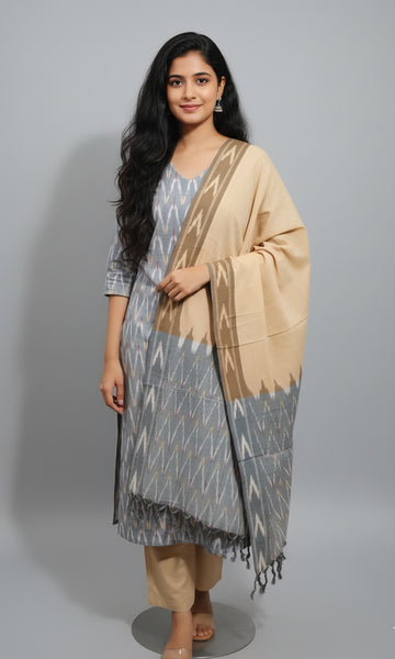 Gray - HANDLOOM COTTON 3PC POCHAMPALLY IKAT DRESS MATERIAL 20