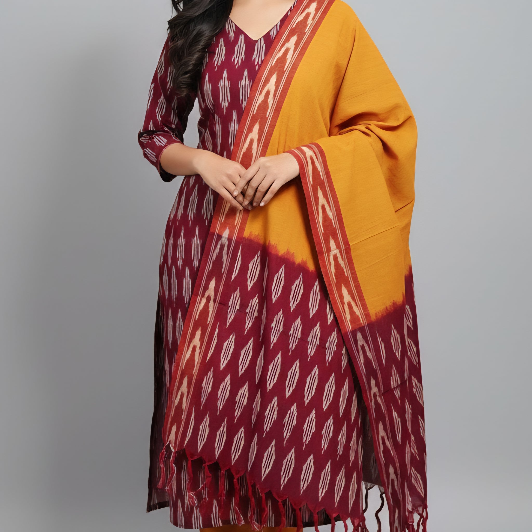 Brown - HANDLOOM COTTON 3PC POCHAMPALLY IKAT DRESS MATERIAL 25