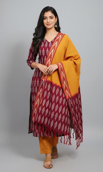 Brown - HANDLOOM COTTON 3PC POCHAMPALLY IKAT DRESS MATERIAL 25