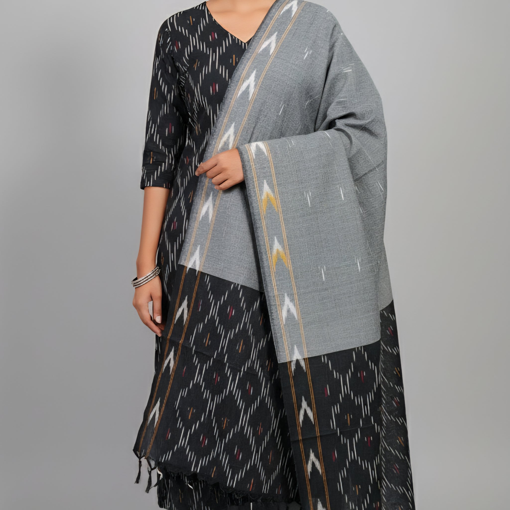 Black - HANDLOOM COTTON 3PC POCHAMPALLY IKAT DRESS MATERIAL 06
