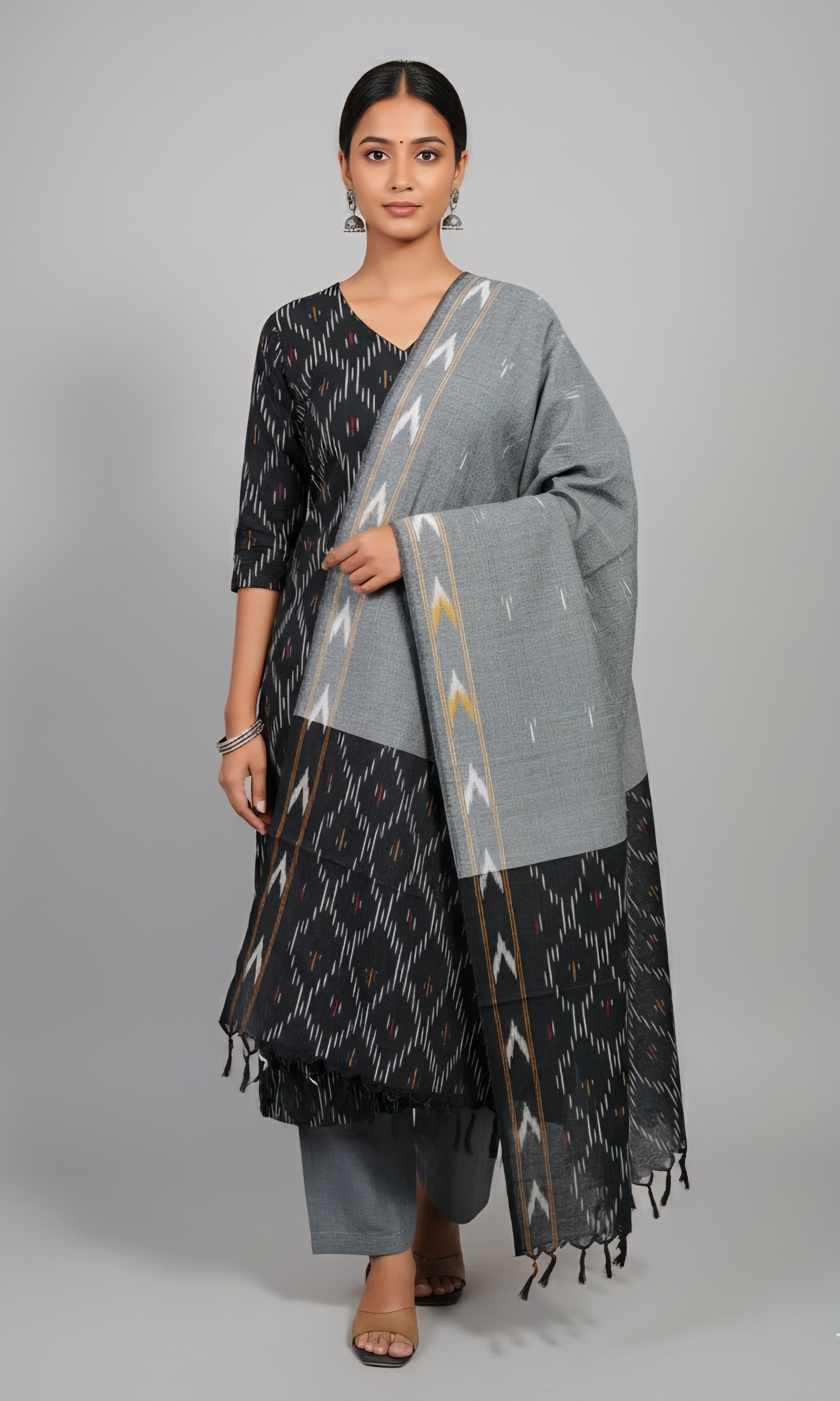 Black - HANDLOOM COTTON 3PC POCHAMPALLY IKAT DRESS MATERIAL 06
