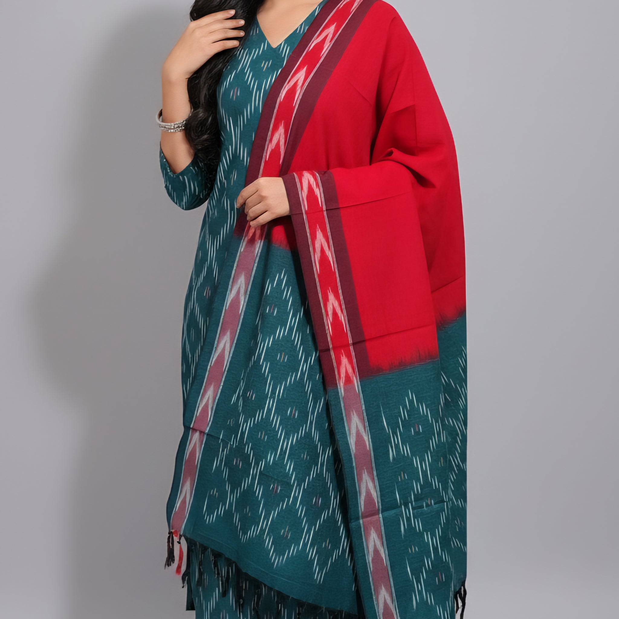 Green - HANDLOOM COTTON 3PC POCHAMPALLY IKAT DRESS MATERIAL 18