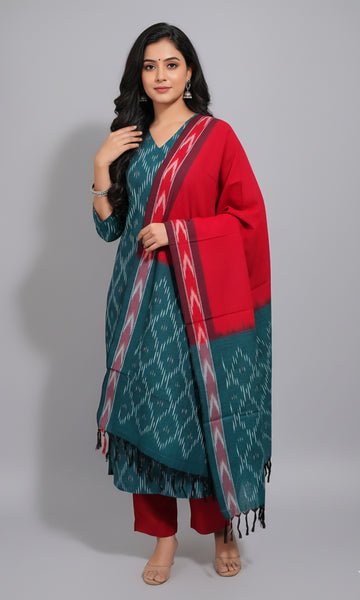 Green - HANDLOOM COTTON 3PC POCHAMPALLY IKAT DRESS MATERIAL 18