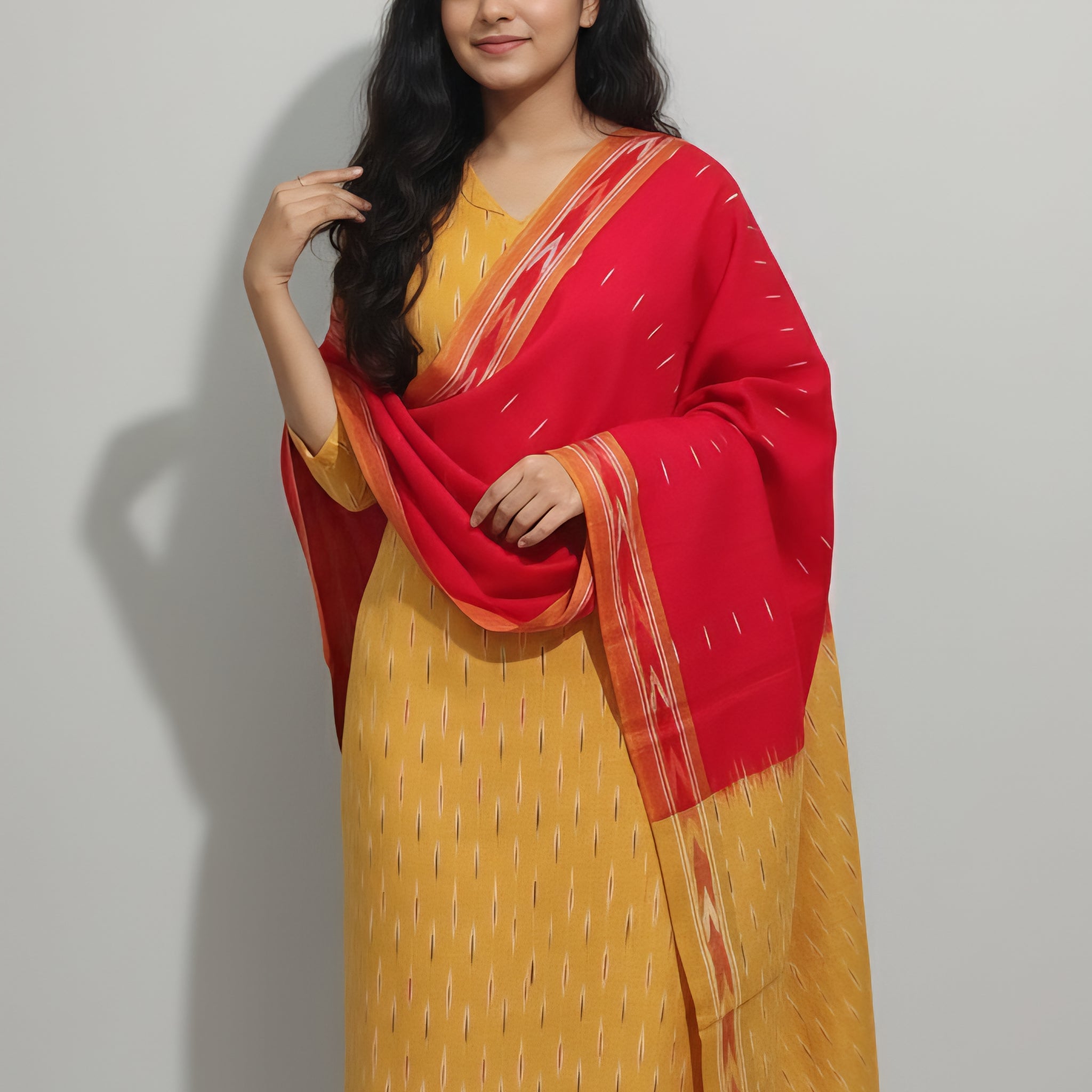 Yellow - HANDLOOM COTTON 3PC POCHAMPALLY IKAT DRESS MATERIAL 34