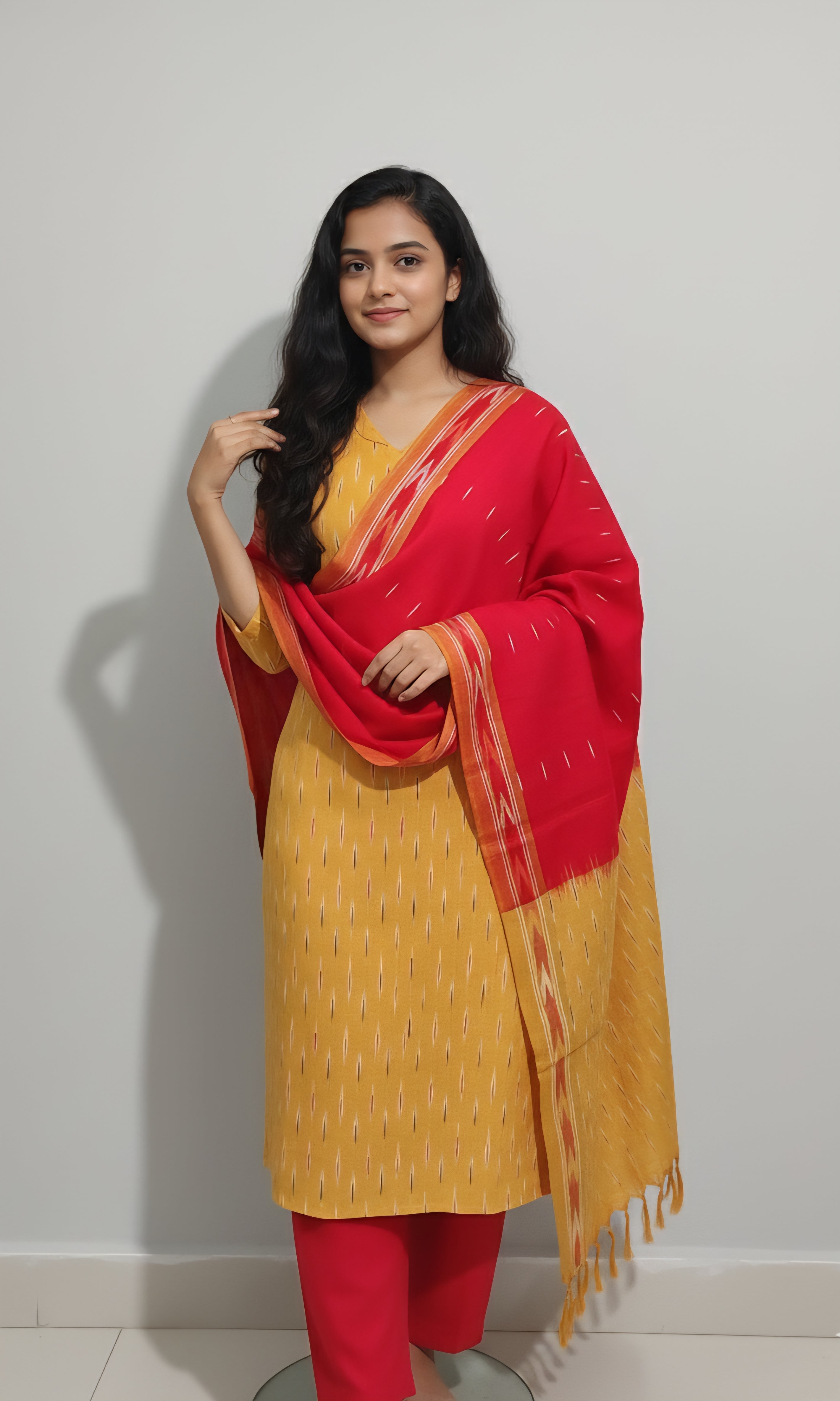 Yellow - HANDLOOM COTTON 3PC POCHAMPALLY IKAT DRESS MATERIAL 34