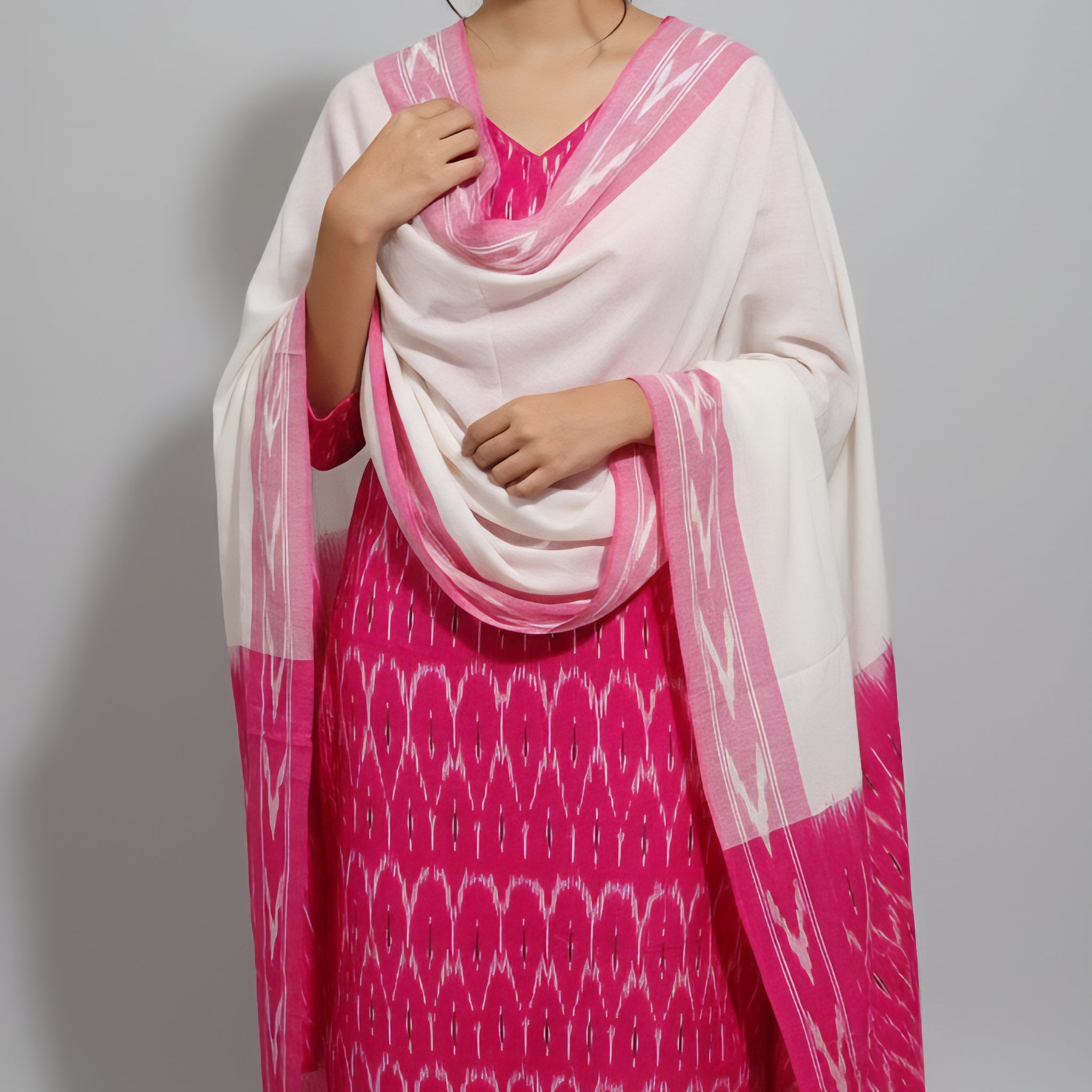 Pink - HANDLOOM COTTON 3PC POCHAMPALLY IKAT DRESS MATERIAL 16