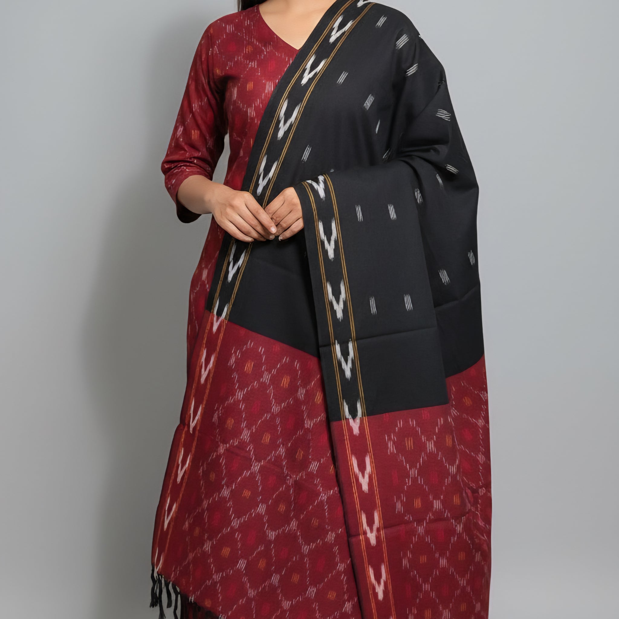 Brown - HANDLOOM COTTON 3PC POCHAMPALLY IKAT DRESS MATERIAL 29