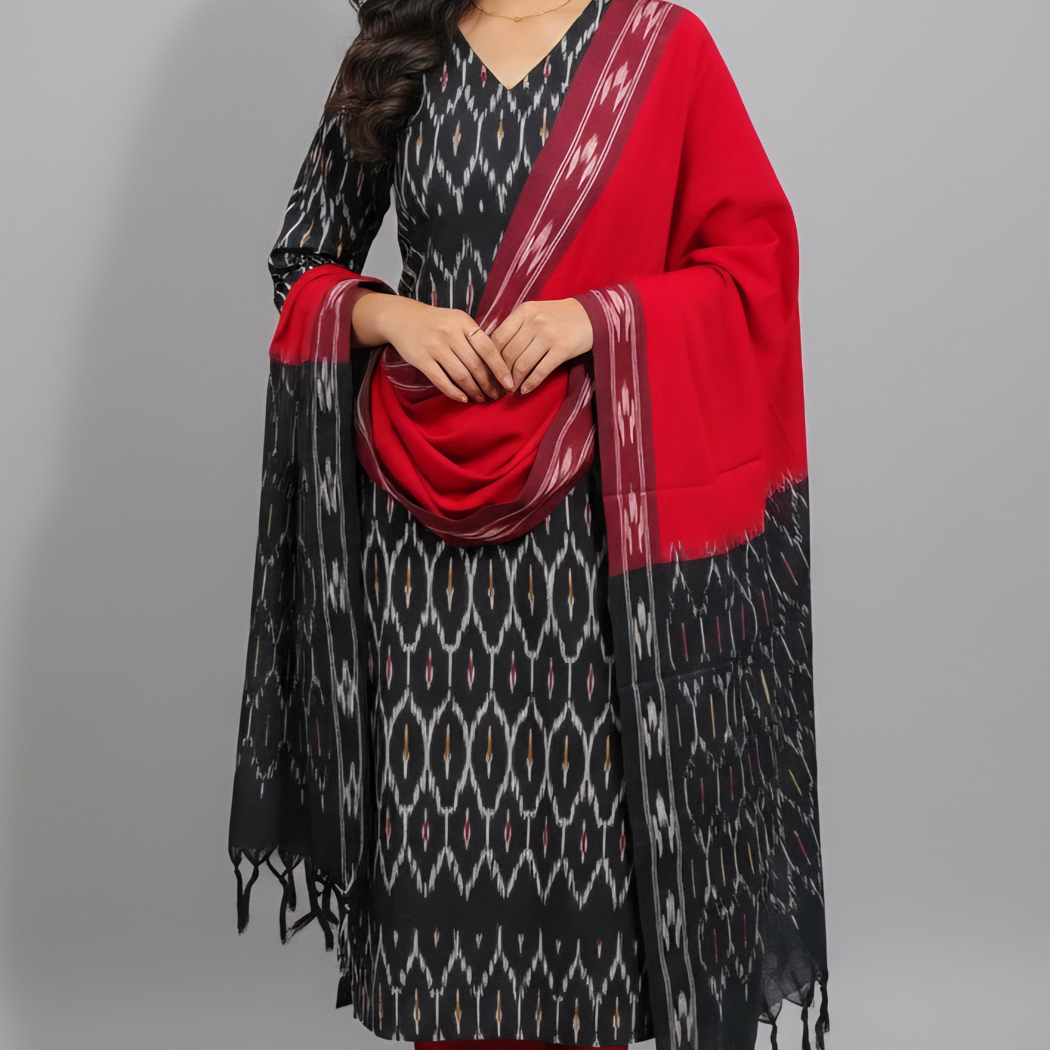 Black - HANDLOOM COTTON 3PC POCHAMPALLY IKAT DRESS MATERIAL 32