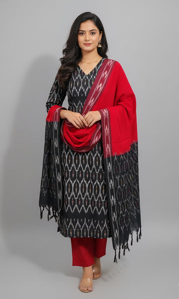 Black - HANDLOOM COTTON 3PC POCHAMPALLY IKAT DRESS MATERIAL 32