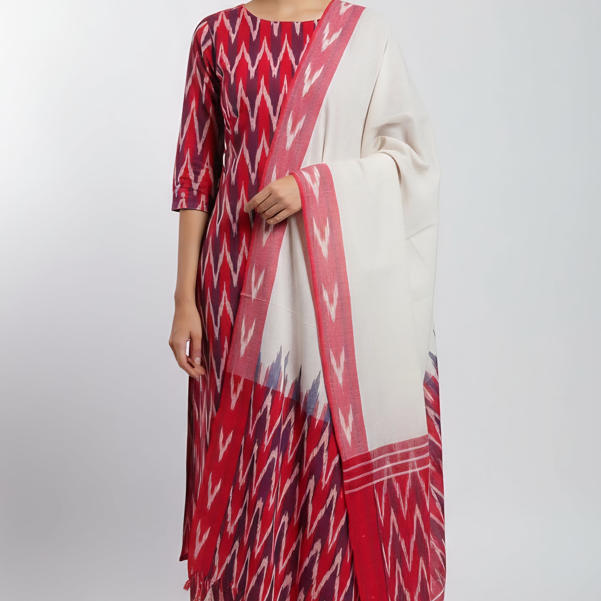 Red - HANDLOOM COTTON 3PC POCHAMPALLY IKAT DRESS MATERIAL 31