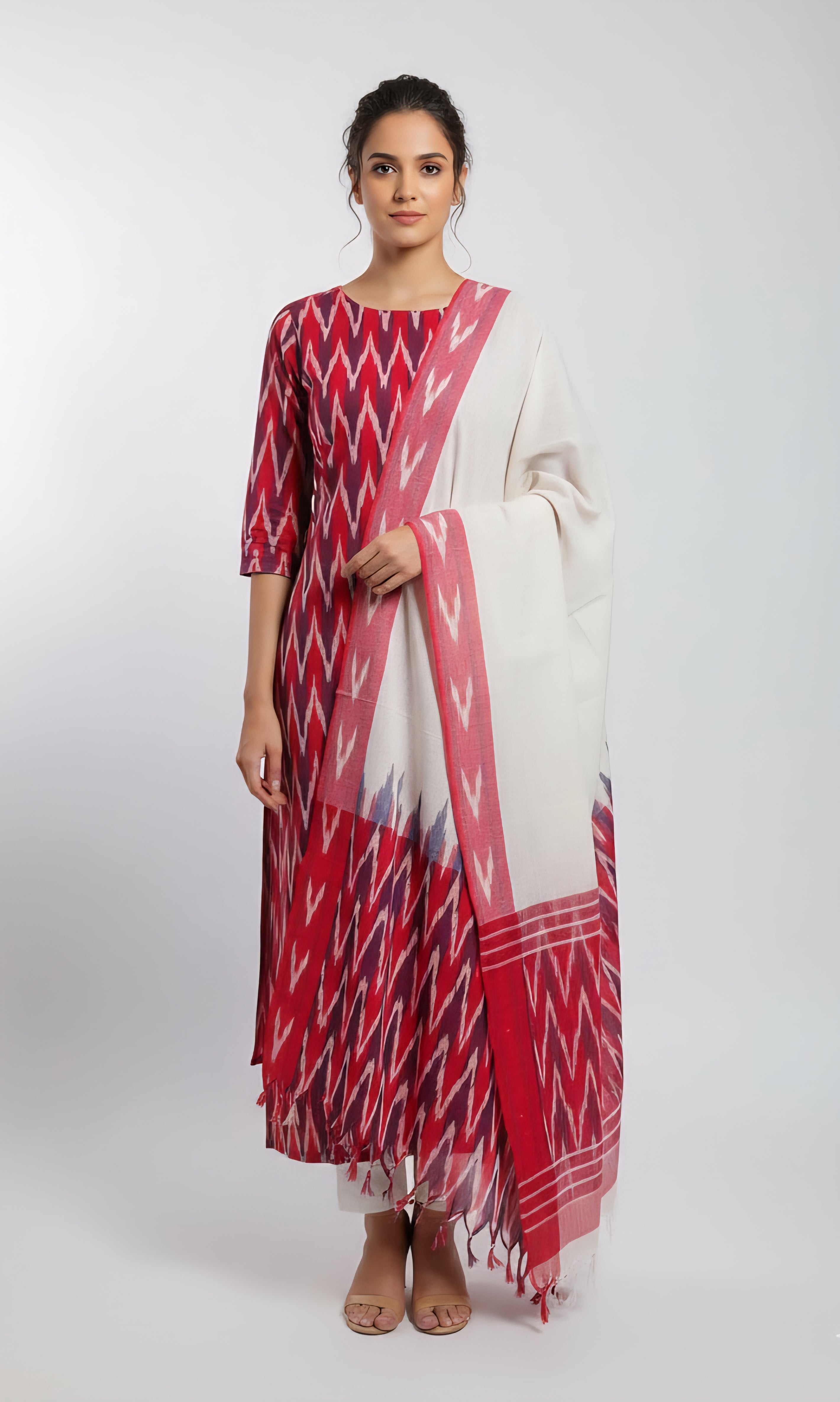 Red - HANDLOOM COTTON 3PC POCHAMPALLY IKAT DRESS MATERIAL 31