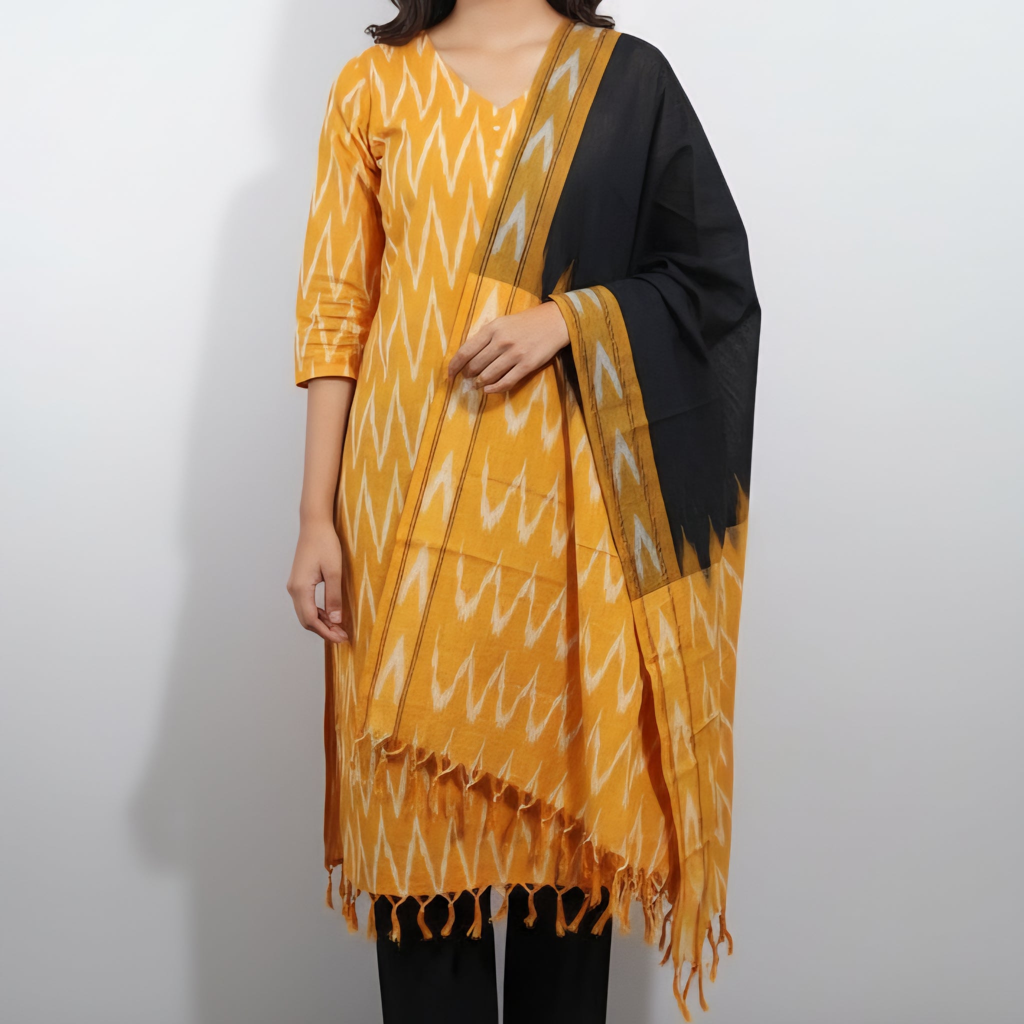 Yellow - HANDLOOM COTTON 3PC POCHAMPALLY IKAT DRESS MATERIAL 33