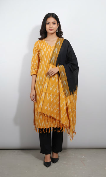 Yellow - HANDLOOM COTTON 3PC POCHAMPALLY IKAT DRESS MATERIAL 33