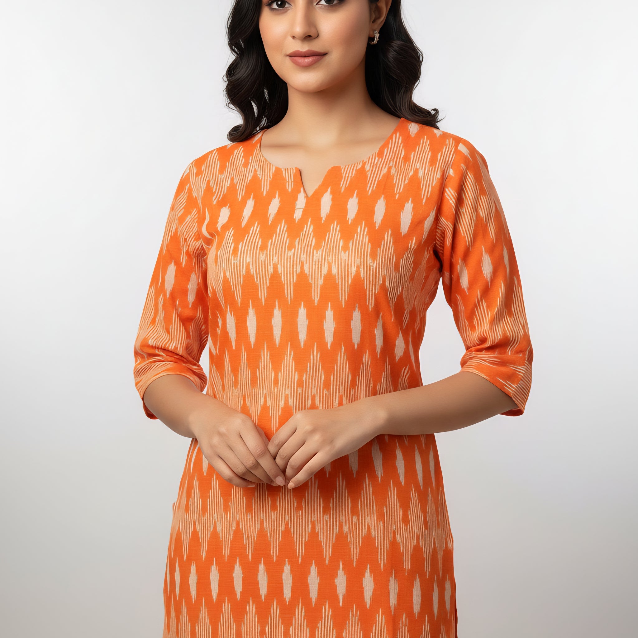 Orange - IKAT WEAVE COTTON LONG KURTA 14
