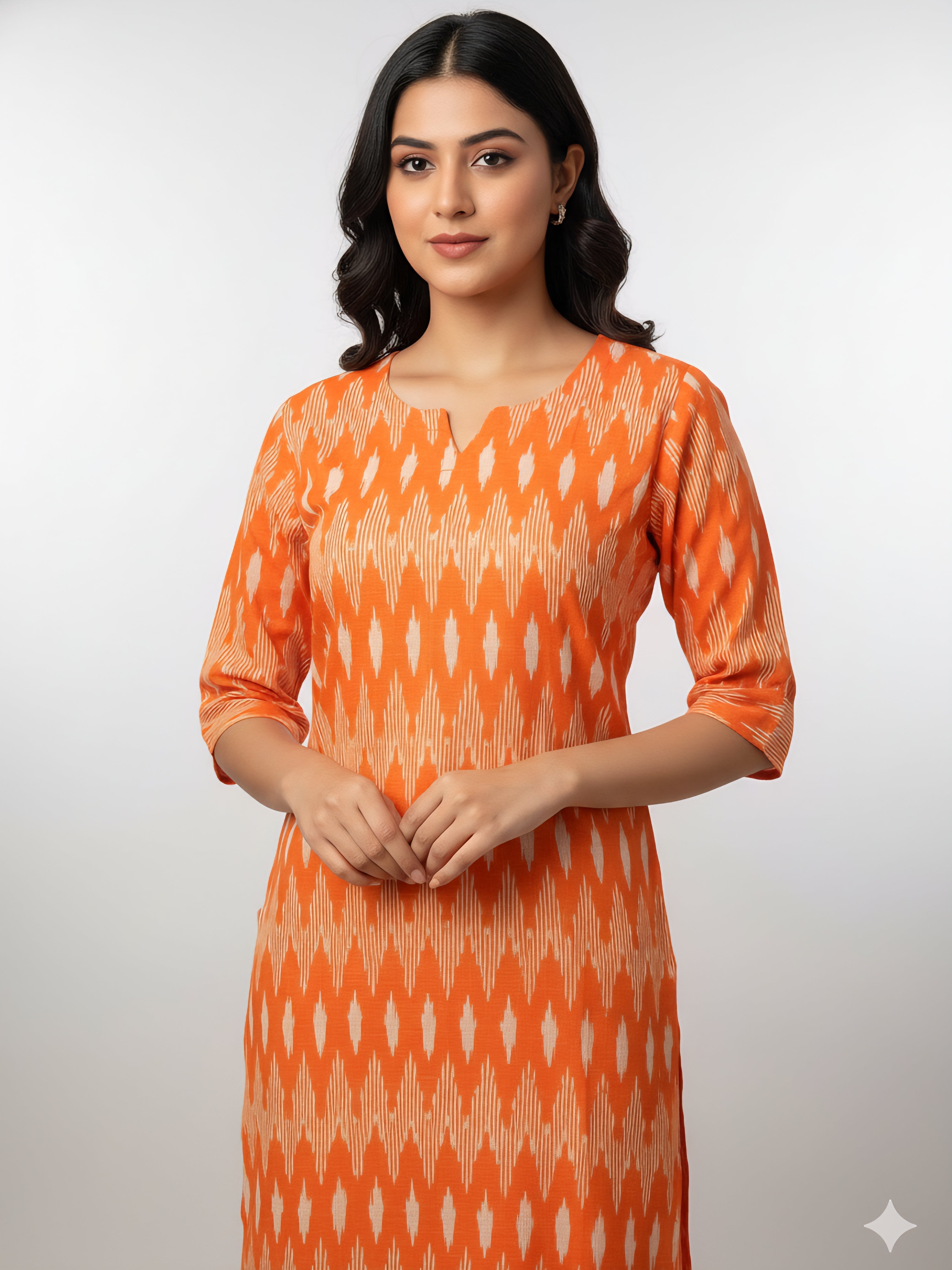 Orange - IKAT WEAVE COTTON LONG KURTA 14