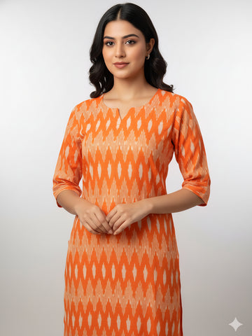 Orange - IKAT WEAVE COTTON LONG KURTA 14