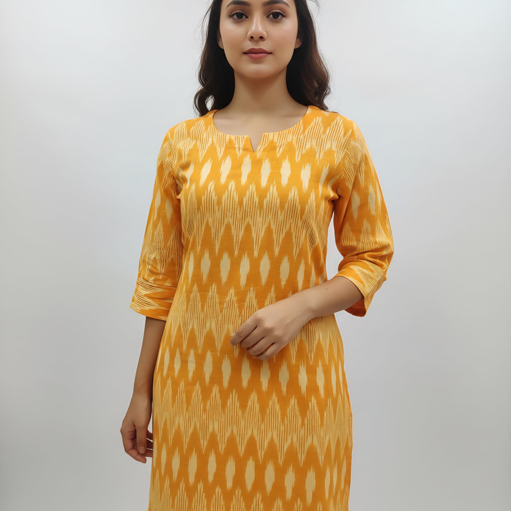 Yellow - IKAT WEAVE COTTON LONG KURTA 16