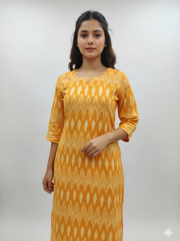 Yellow - IKAT WEAVE COTTON LONG KURTA 16