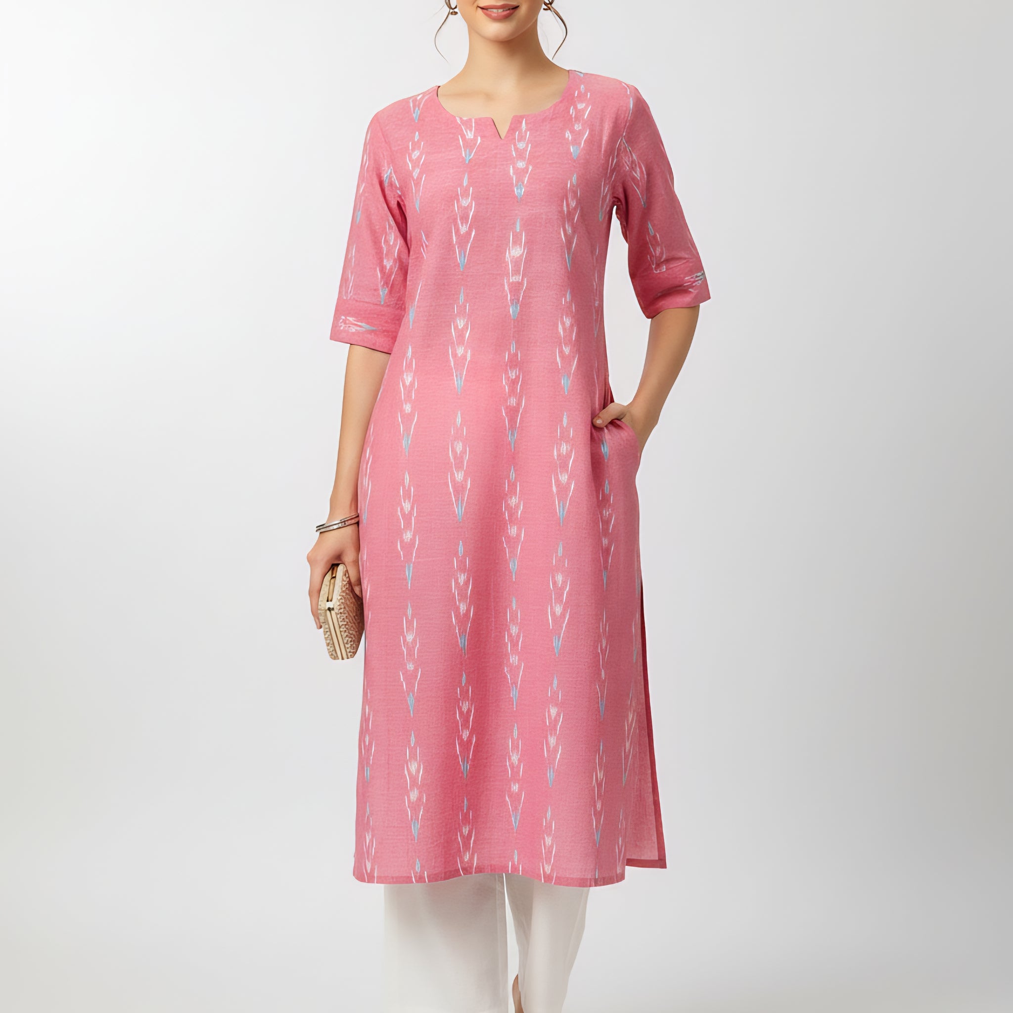 Pink - IKAT WEAVE COTTON LONG KURTA 15