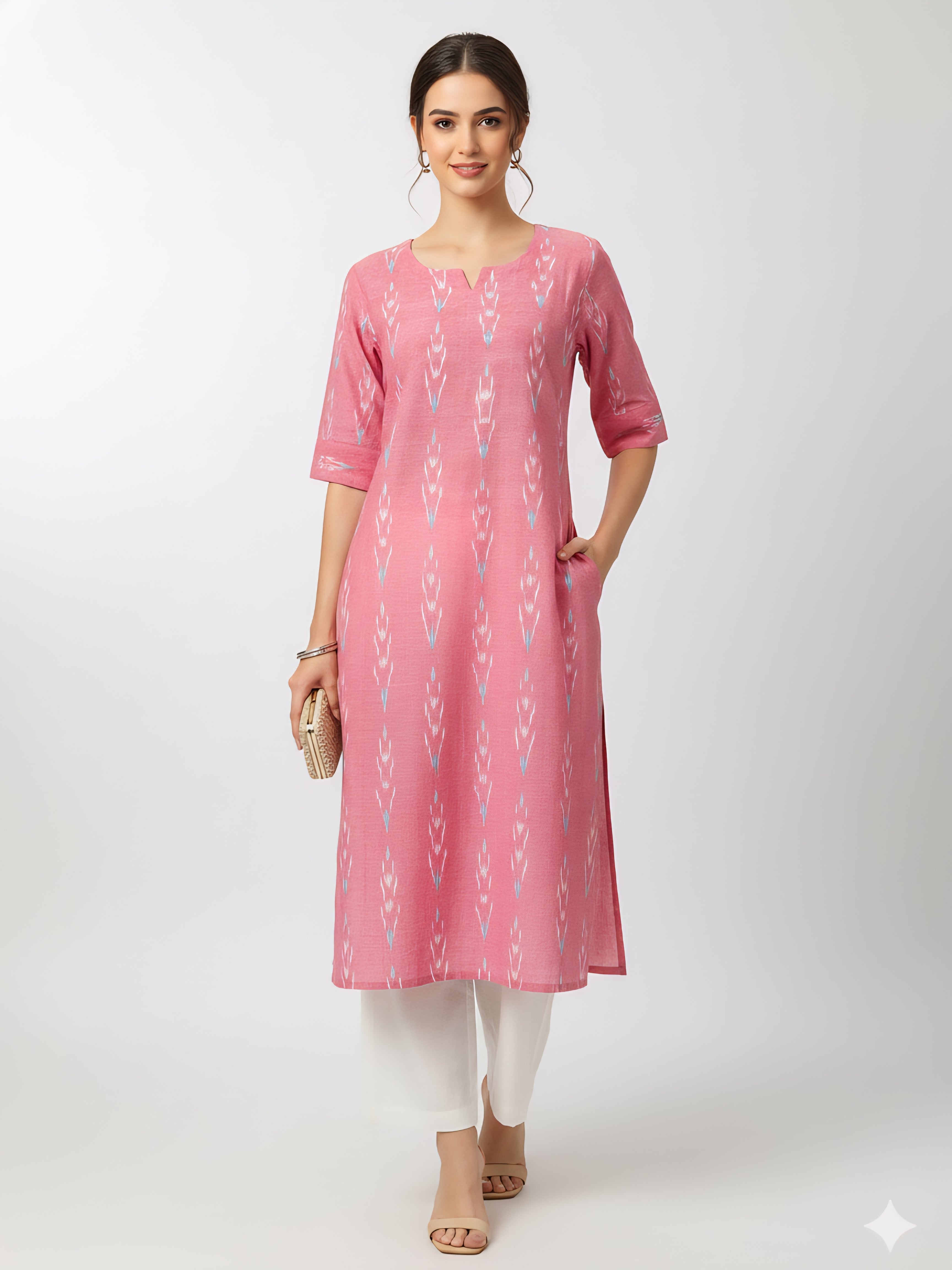 Pink - IKAT WEAVE COTTON LONG KURTA 15