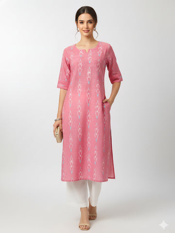 Pink - IKAT WEAVE COTTON LONG KURTA 15