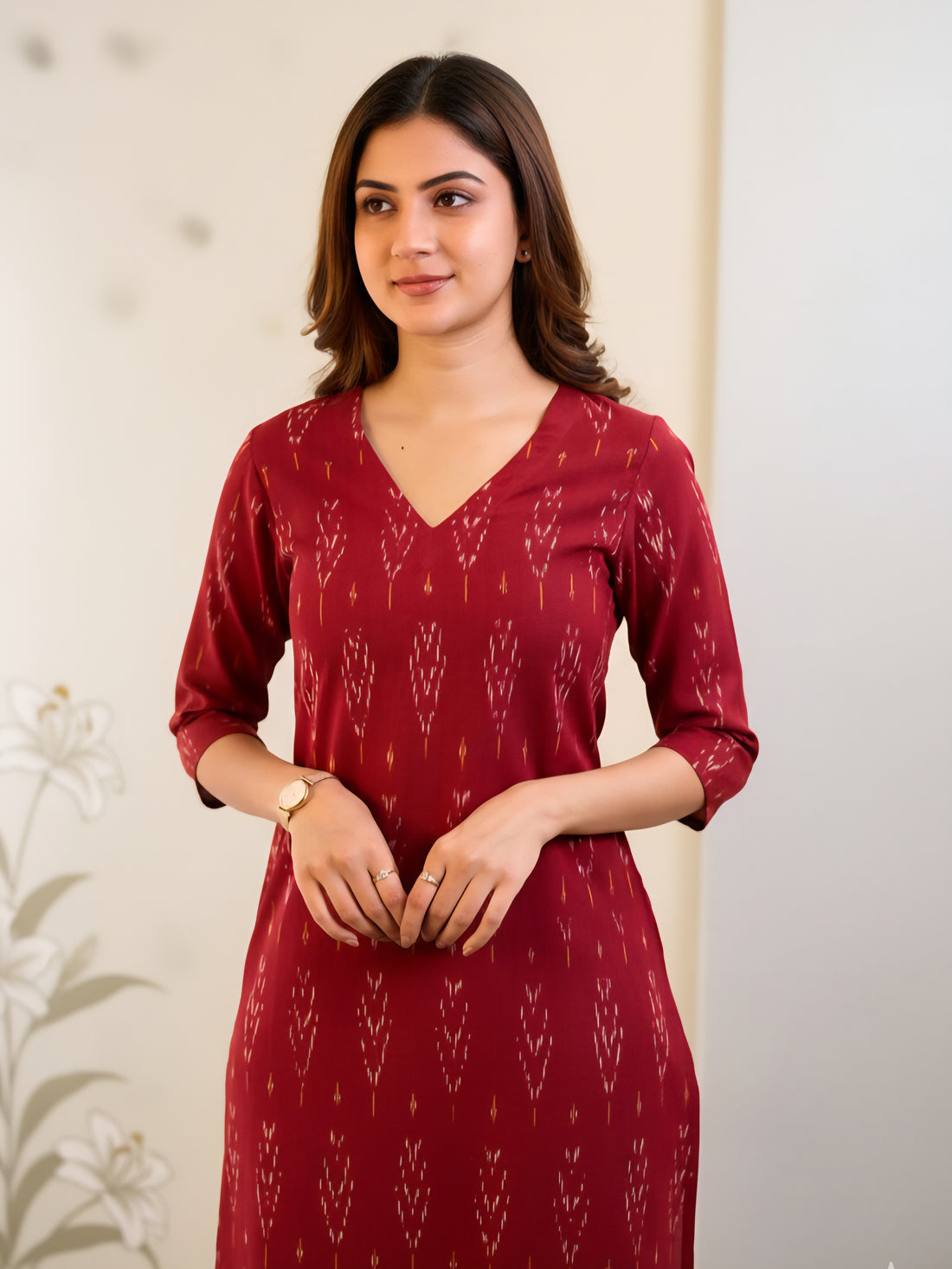 Brown - IKAT WEAVE COTTON LONG KURTA 13