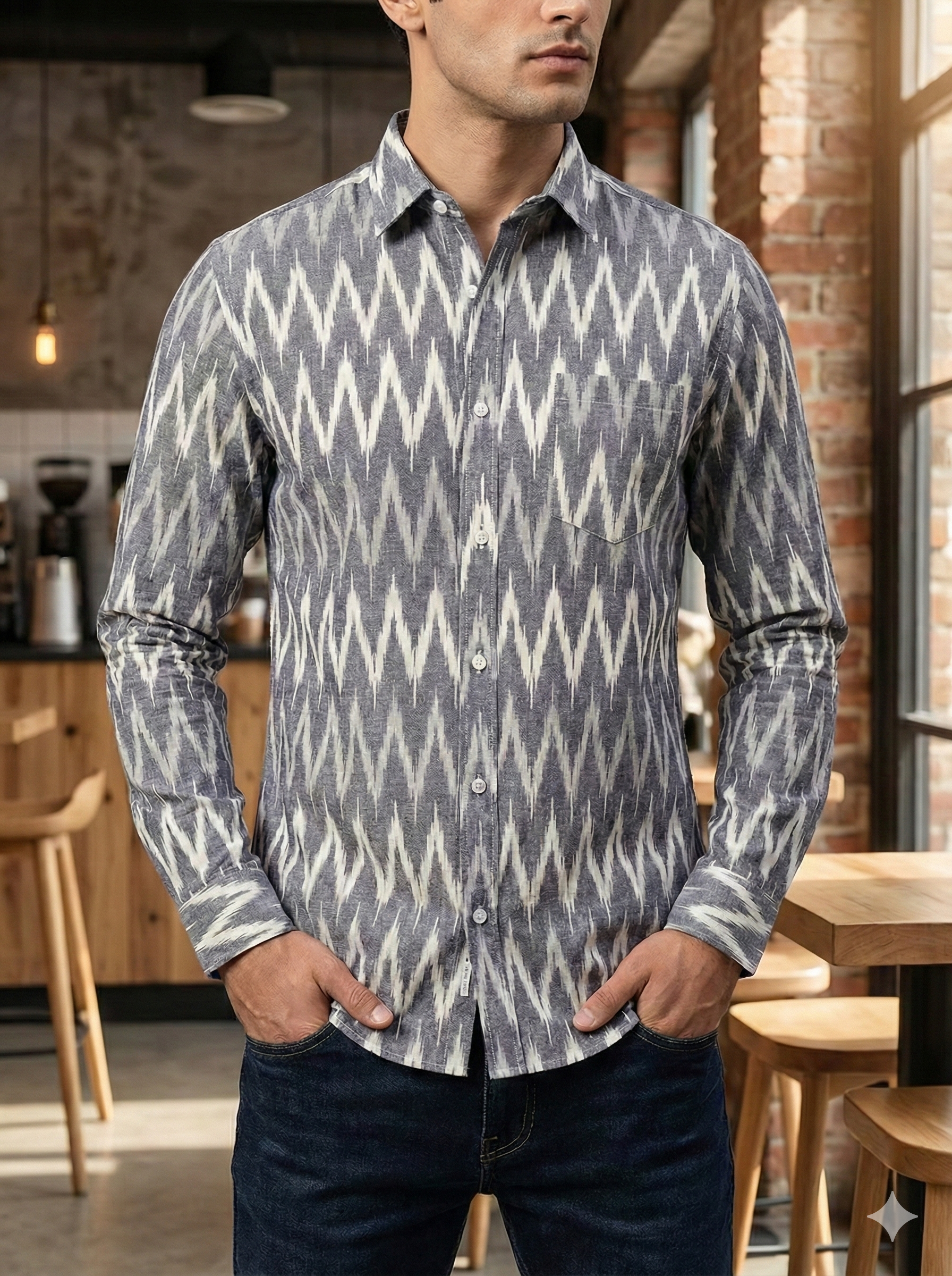 GRAY- FULL SLEEVE COTTON MEN POCHAMPALLY IKAT SHIRT 06