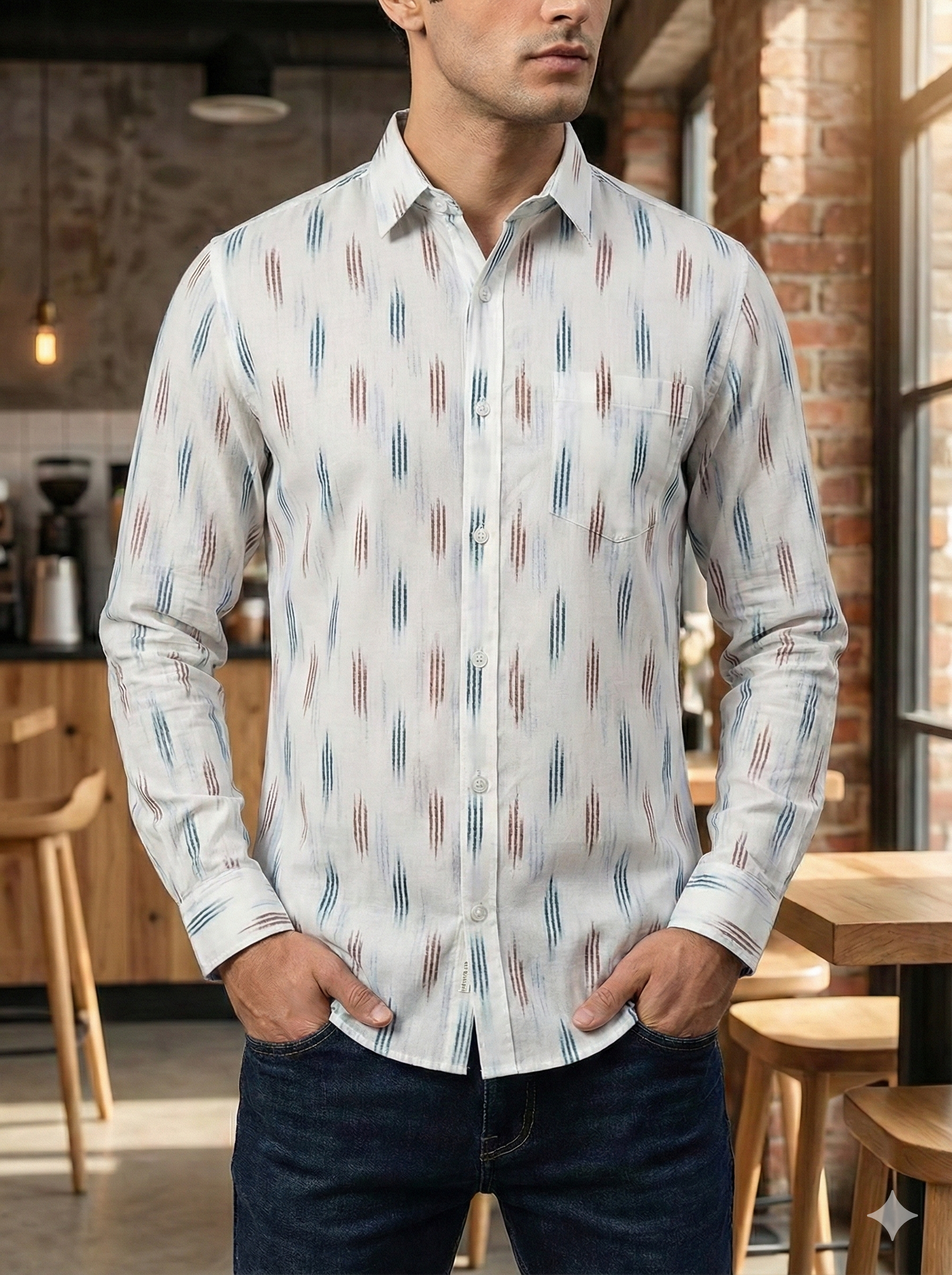 WHITE- FULL SLEEVE COTTON MEN POCHAMPALLY IKAT SHIRT 20