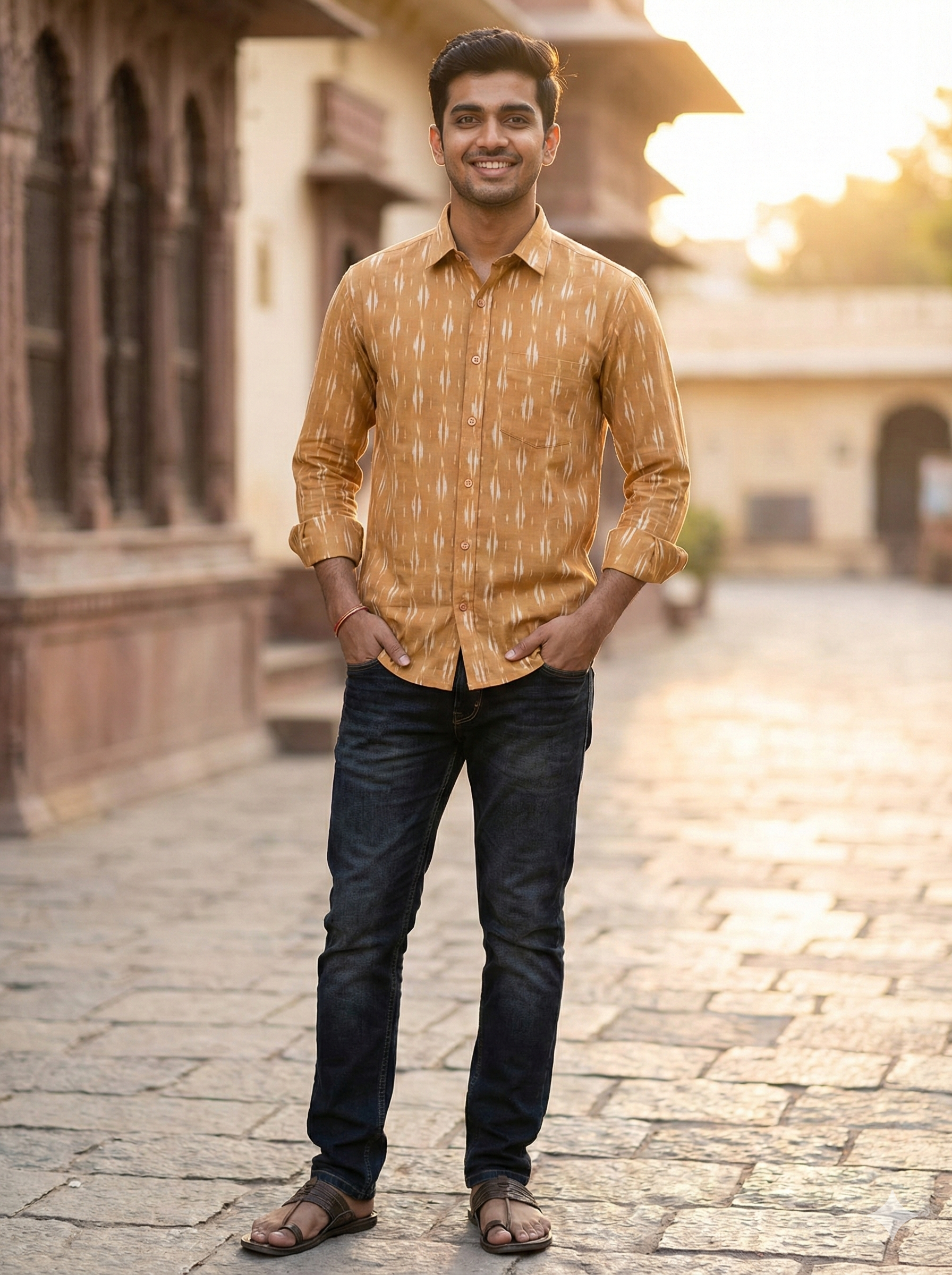 YELLOW- FULL SLEEVE COTTON MEN POCHAMPALLY IKAT SHIRT 12