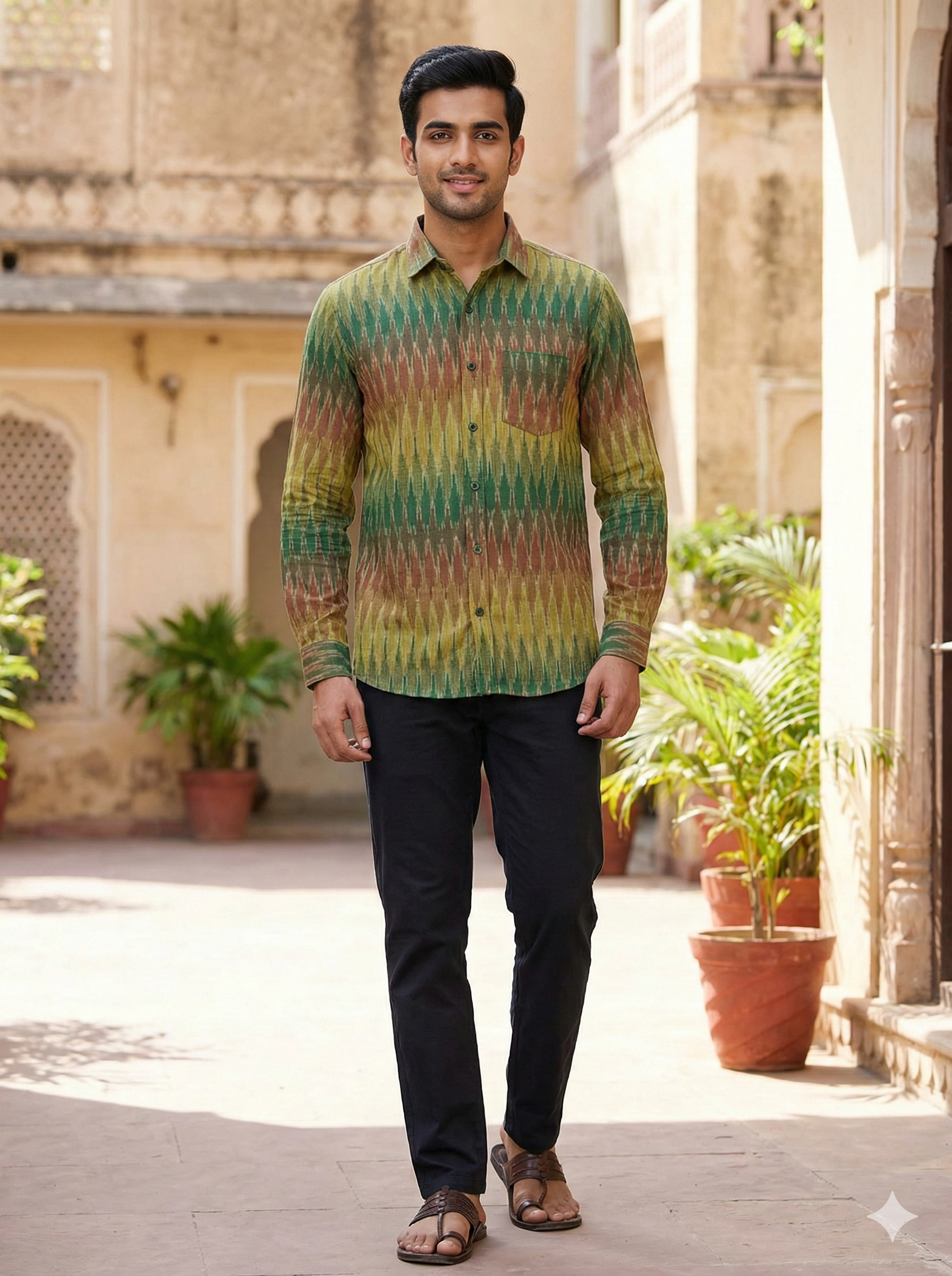 GREEN - FULL SLEEVE COTTON MEN POCHAMPALLY IKAT SHIRT 11