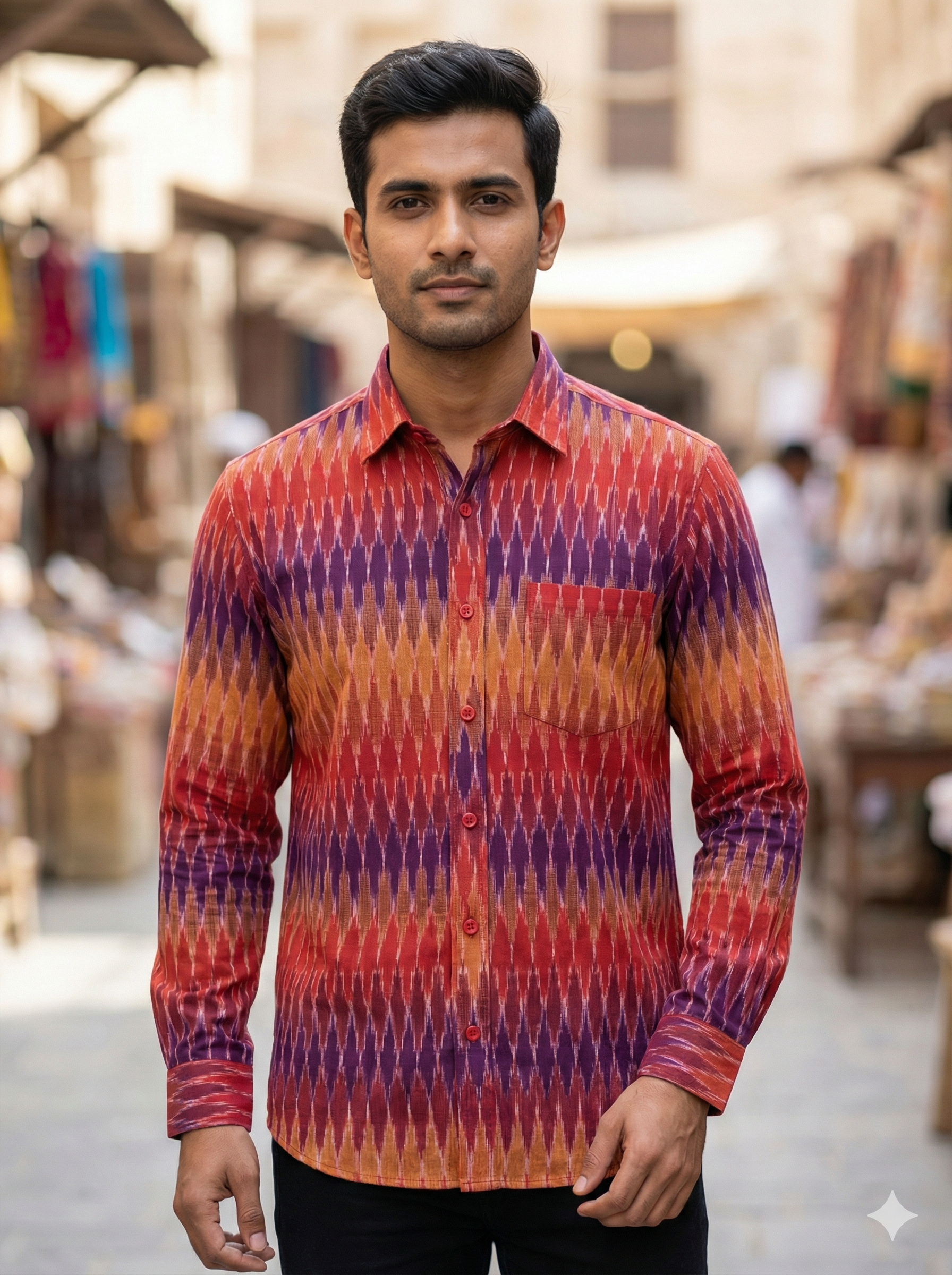 RED BLUE- FULL SLEEVE COTTON MEN POCHAMPALLY IKAT SHIRT 24