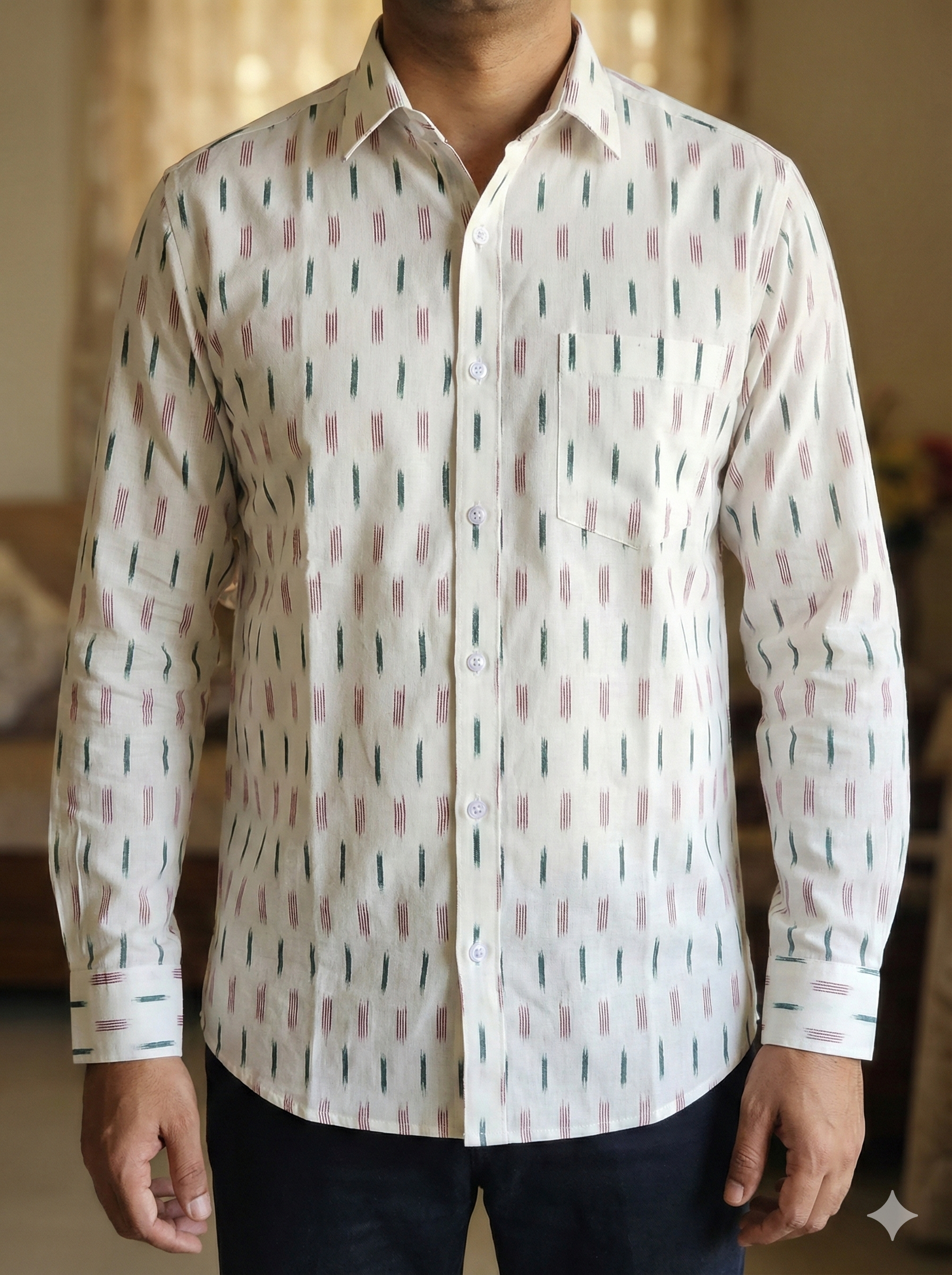 WHITE- FULL SLEEVE COTTON MEN POCHAMPALLY IKAT SHIRT 21