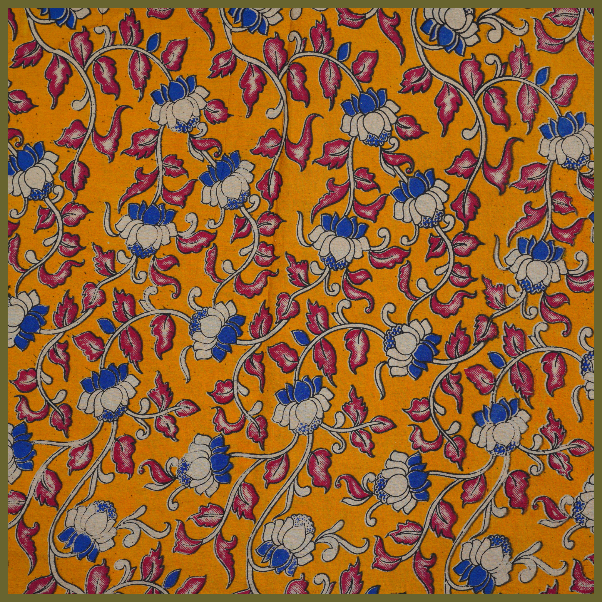 YELLOW- BLOCK PRINT COTTON PEDANA KALAMKARI FABRIC 04