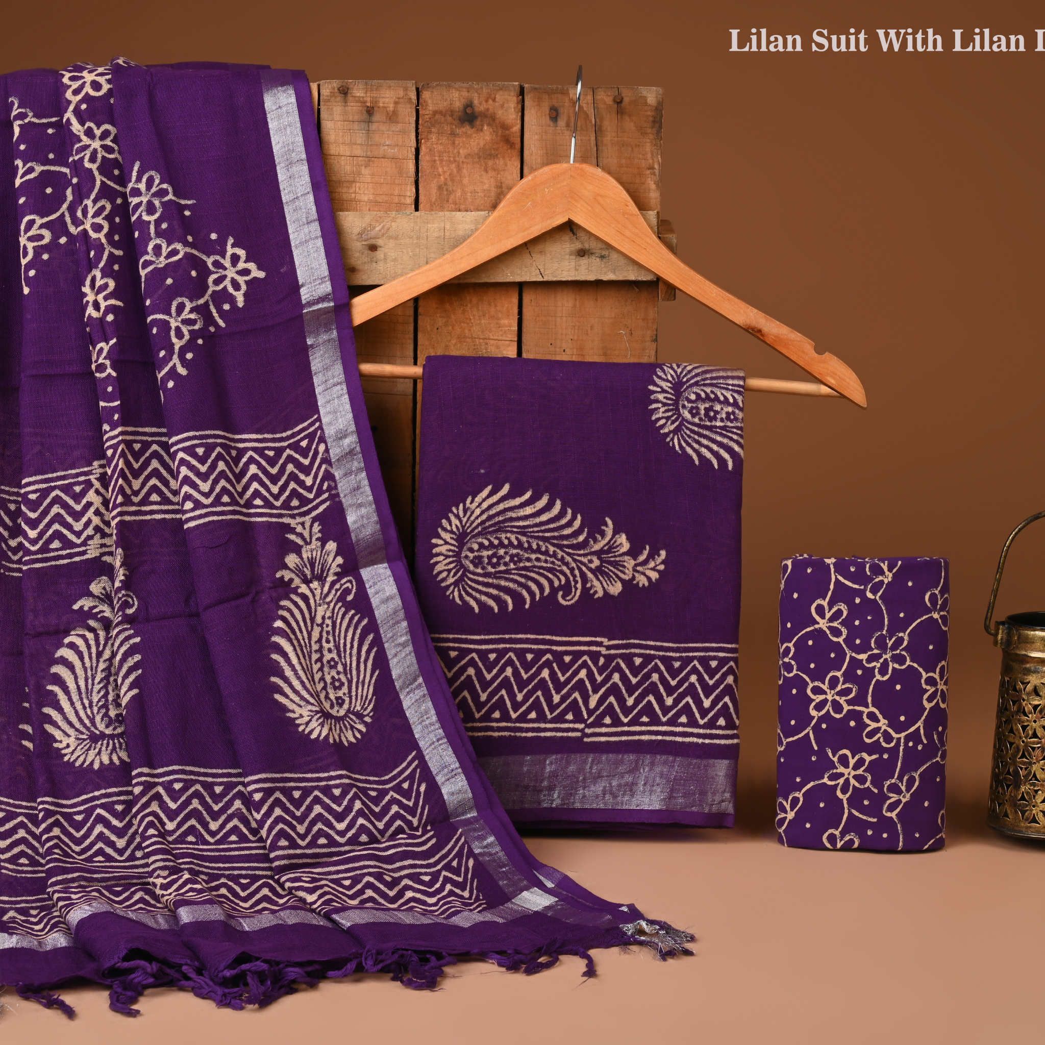 PURPLE- BAGRU HAND BLOCK PRINTED LINEN COTTON SUIT SET WITH ZARI BORDER 22