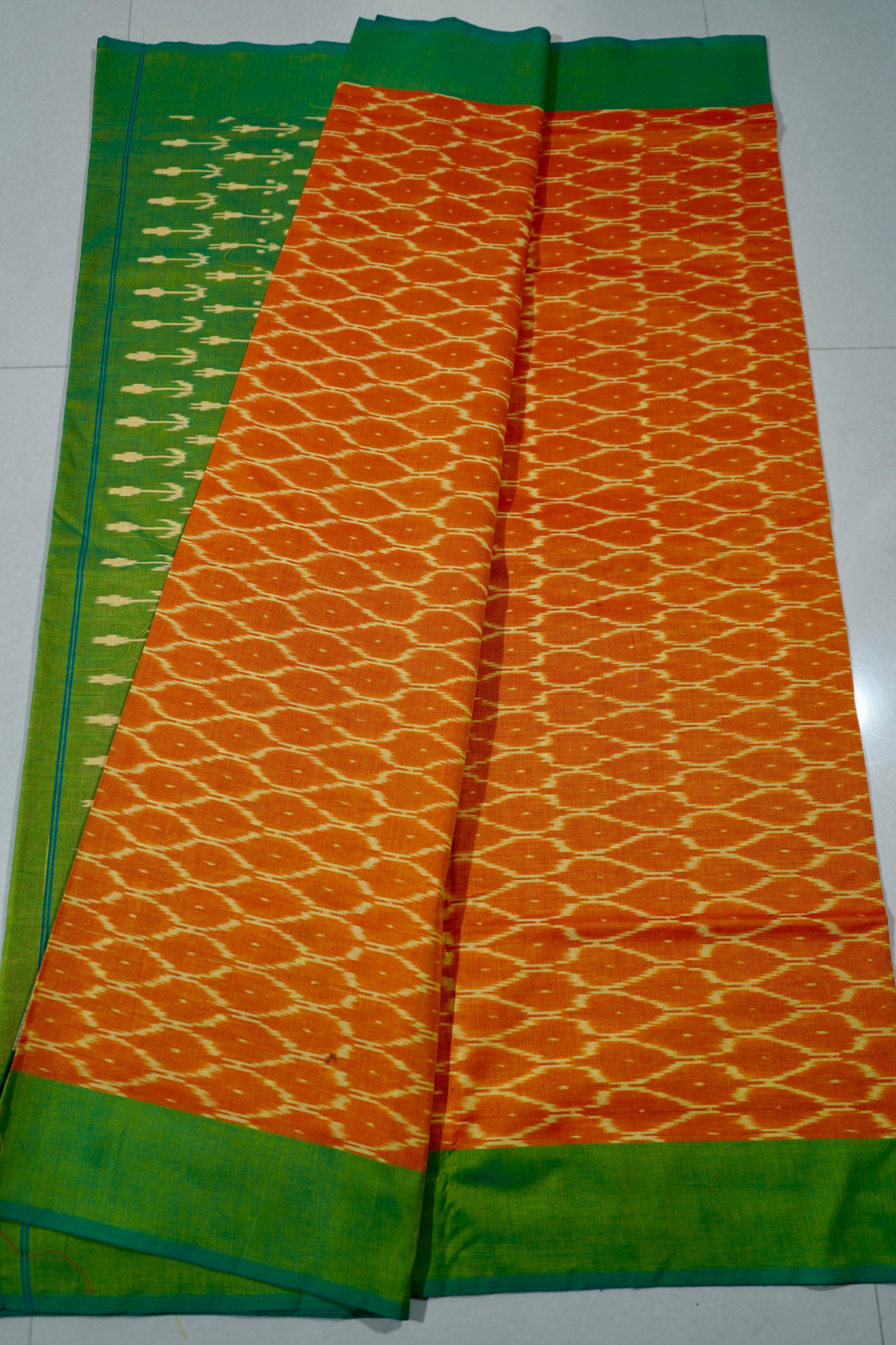 Orange - MERCERISED COTTON HANDLOOM POCHAMPALLY IKAT SAREE 01