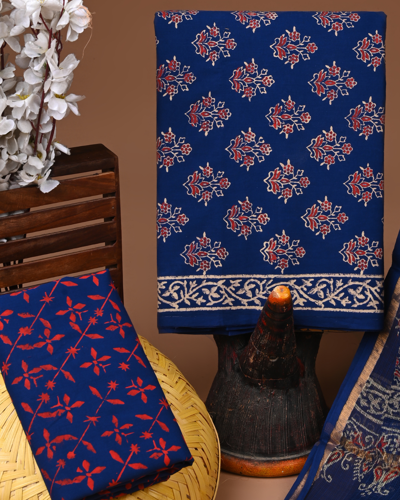 BLUE- BAGRU HAND BLOCK PRINTED COTTON SUIT SET WITH KOTA DUPATTA 30