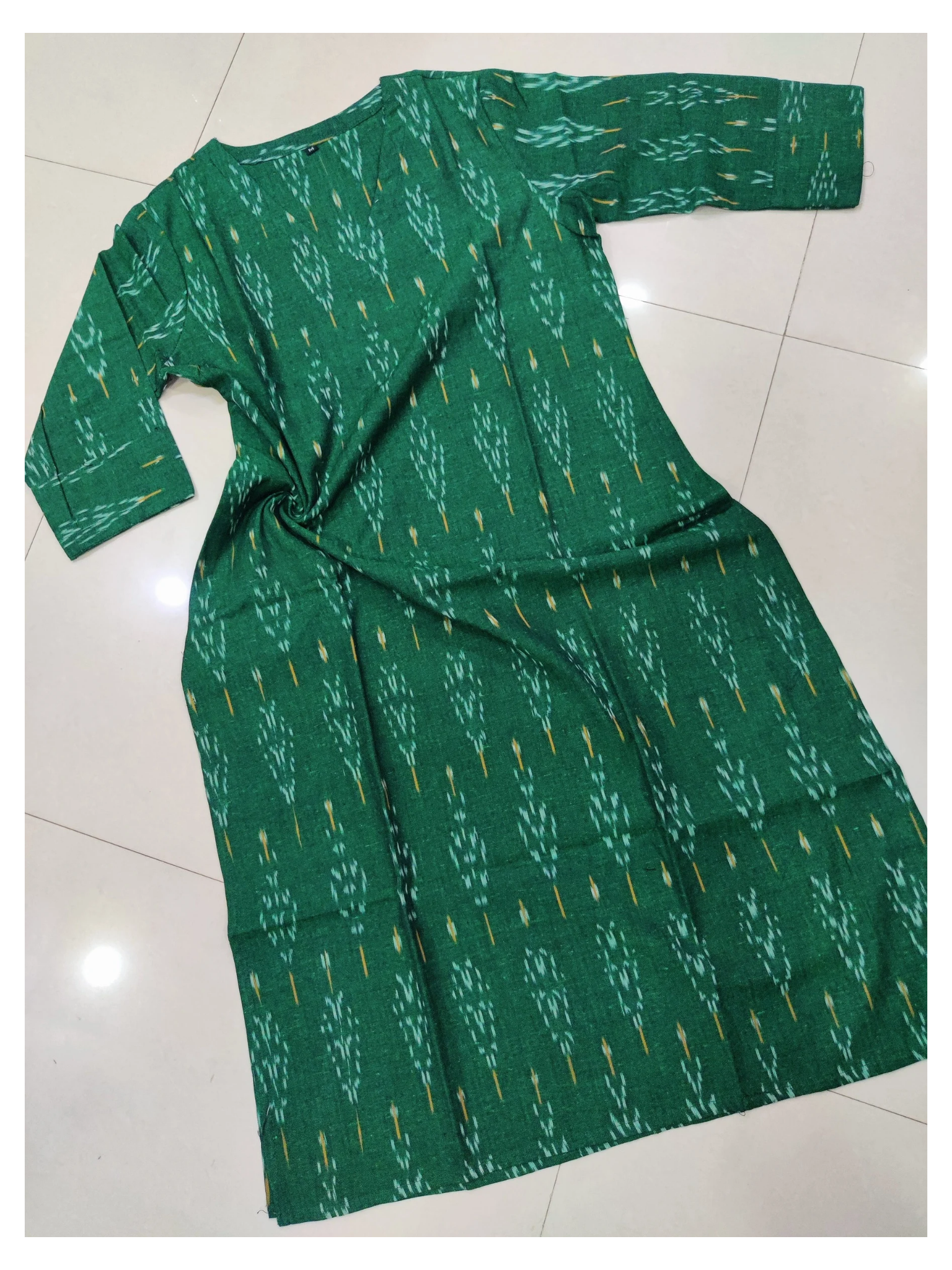 Green - IKAT WEAVE COTTON LONG KURTA 12