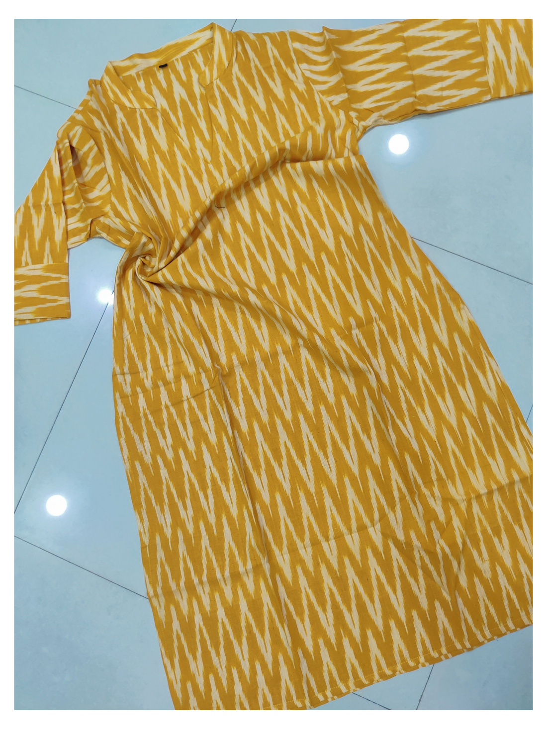 Yellow - IKAT WEAVE COTTON LONG KURTA 06