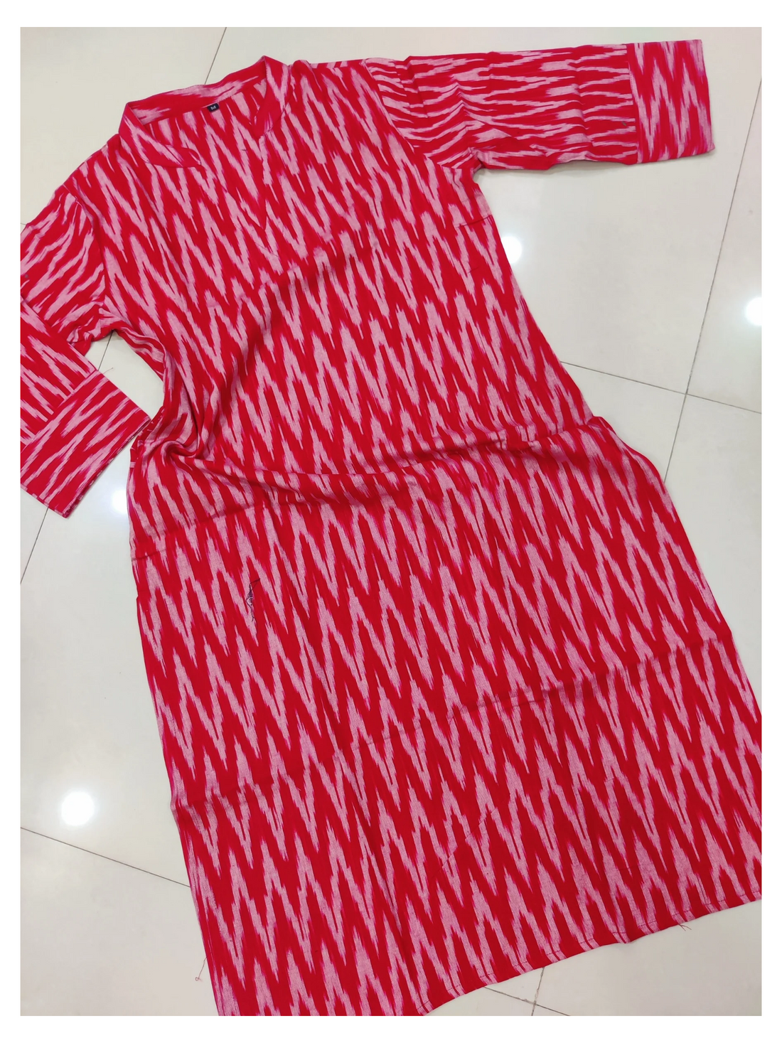 Red - IKAT WEAVE COTTON LONG KURTA 07