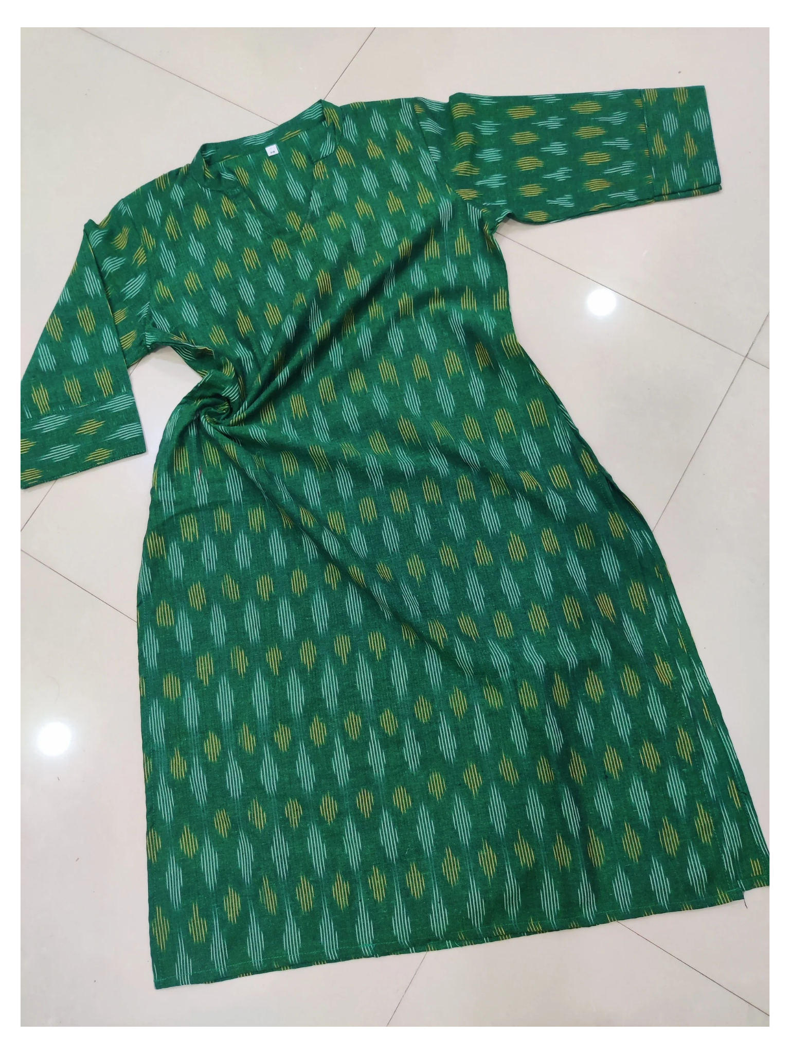 Green - IKAT WEAVE COTTON LONG KURTA 10