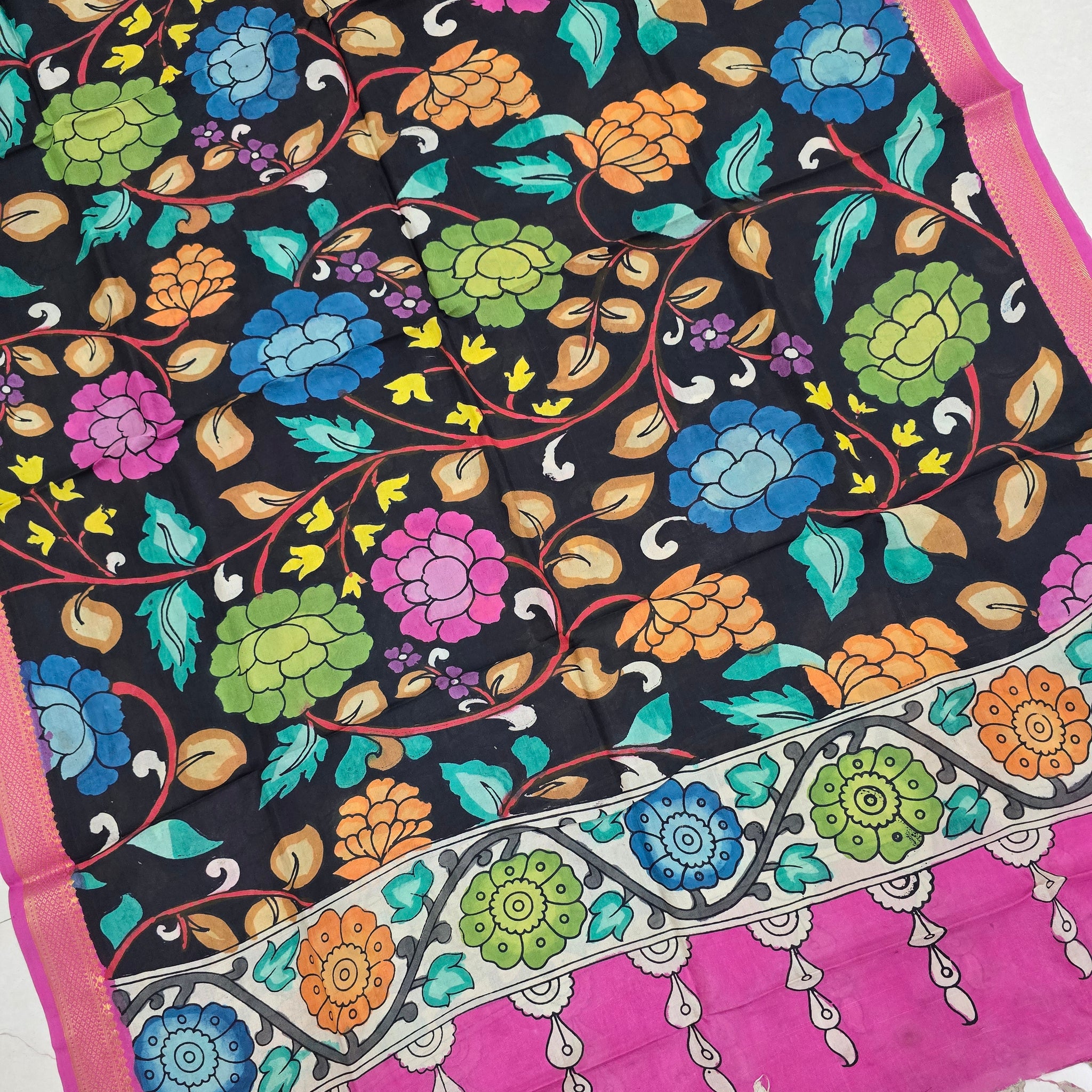BLACK - SRIKALAHASTI HANDPAINTED KALAMKARI PURE CHENNURI SILK DUPATTA 01