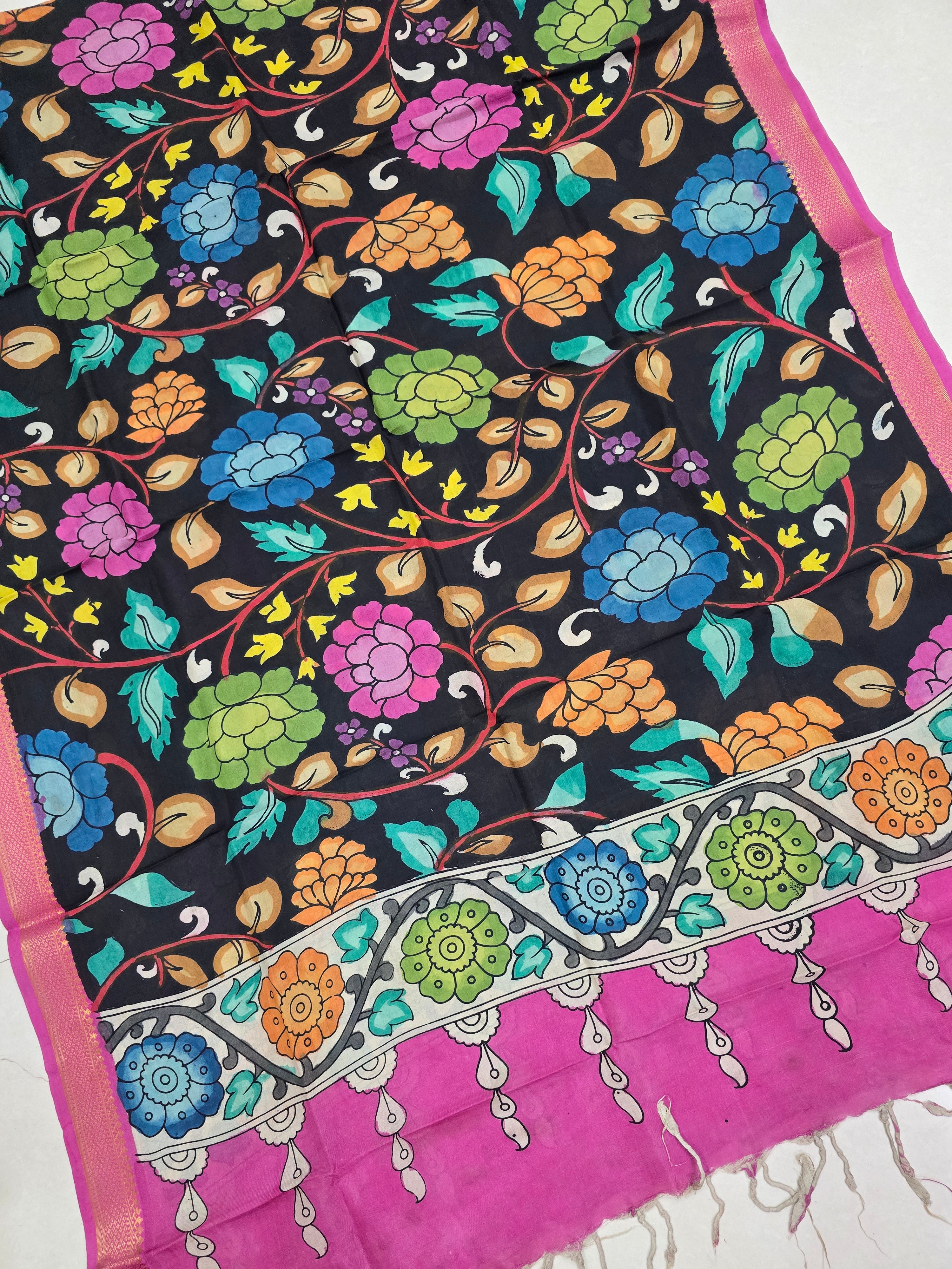 BLACK - SRIKALAHASTI HANDPAINTED KALAMKARI PURE CHENNURI SILK DUPATTA 01