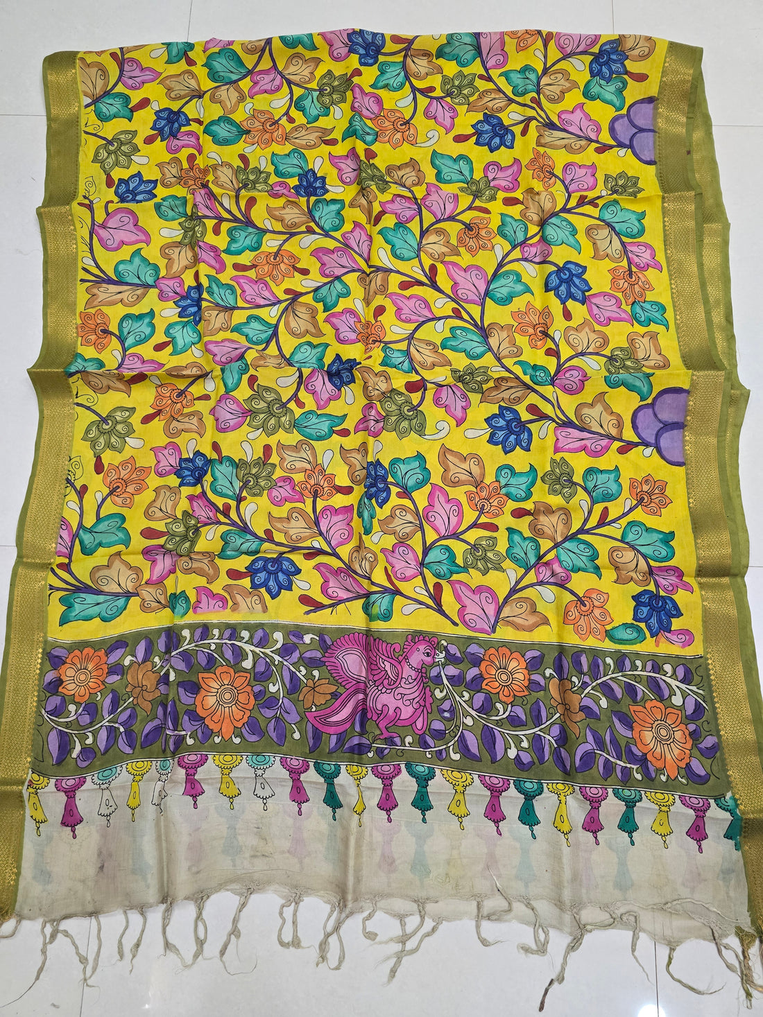 YELLOW - SRIKALAHASTI HANDPAINTED KALAMKARI PURE CHENNURI SILK DUPATTA 02