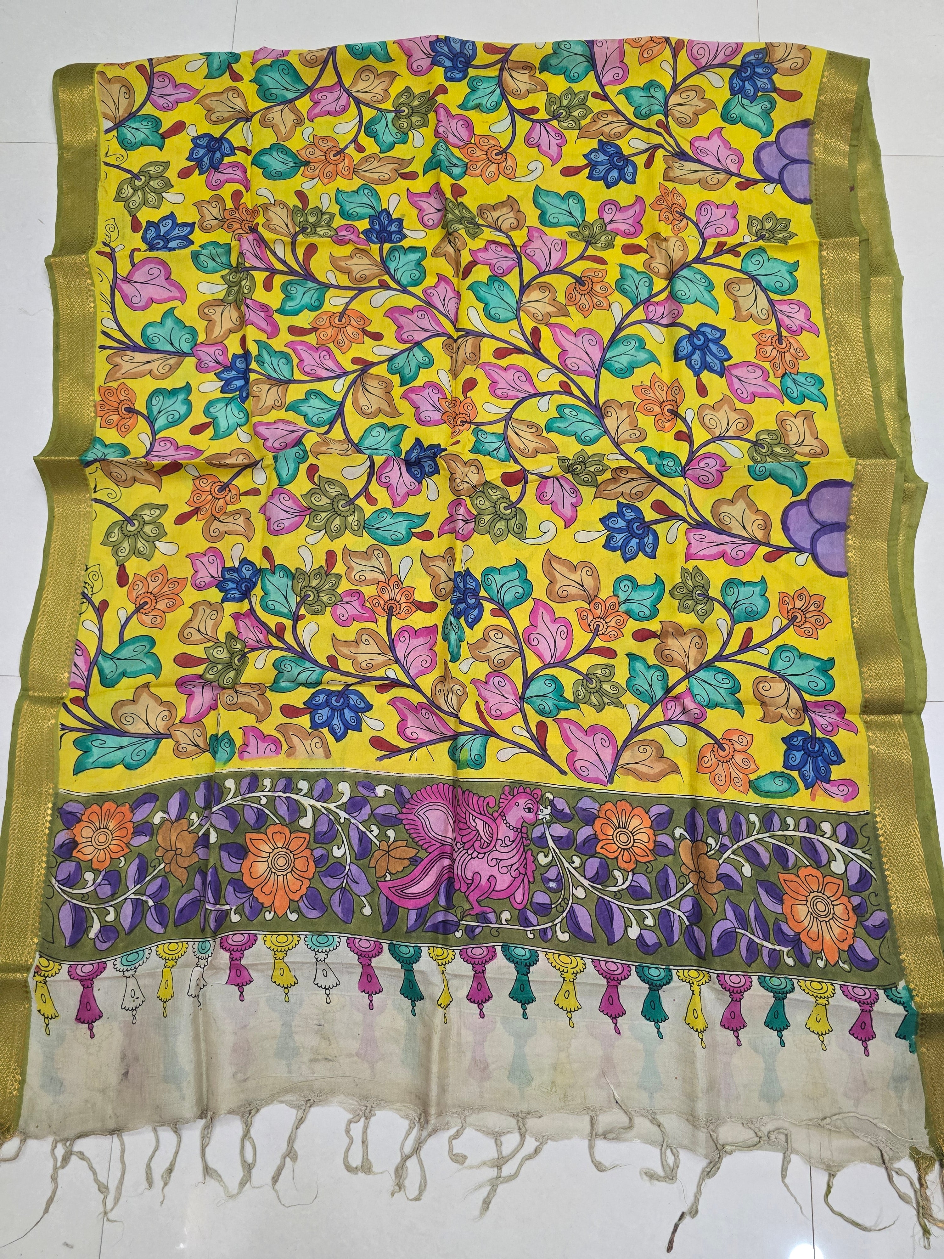 YELLOW - SRIKALAHASTI HANDPAINTED KALAMKARI PURE CHENNURI SILK DUPATTA 02