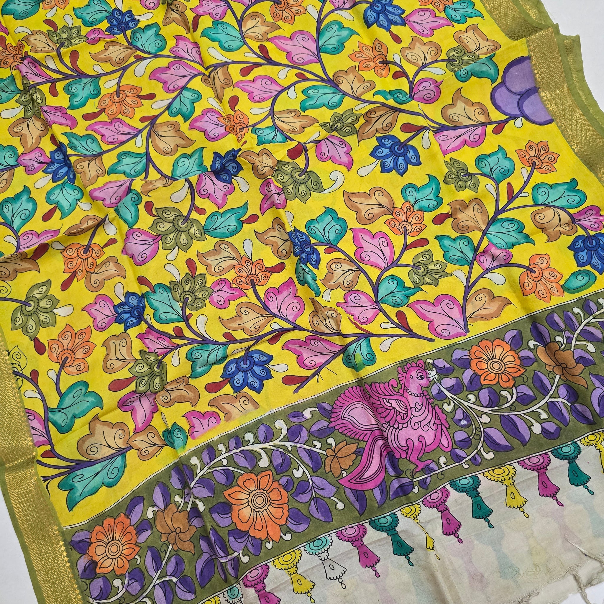 YELLOW - SRIKALAHASTI HANDPAINTED KALAMKARI PURE CHENNURI SILK DUPATTA 02