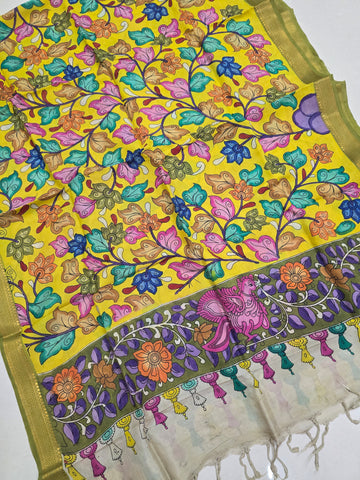 YELLOW - SRIKALAHASTI HANDPAINTED KALAMKARI PURE CHENNURI SILK DUPATTA 02