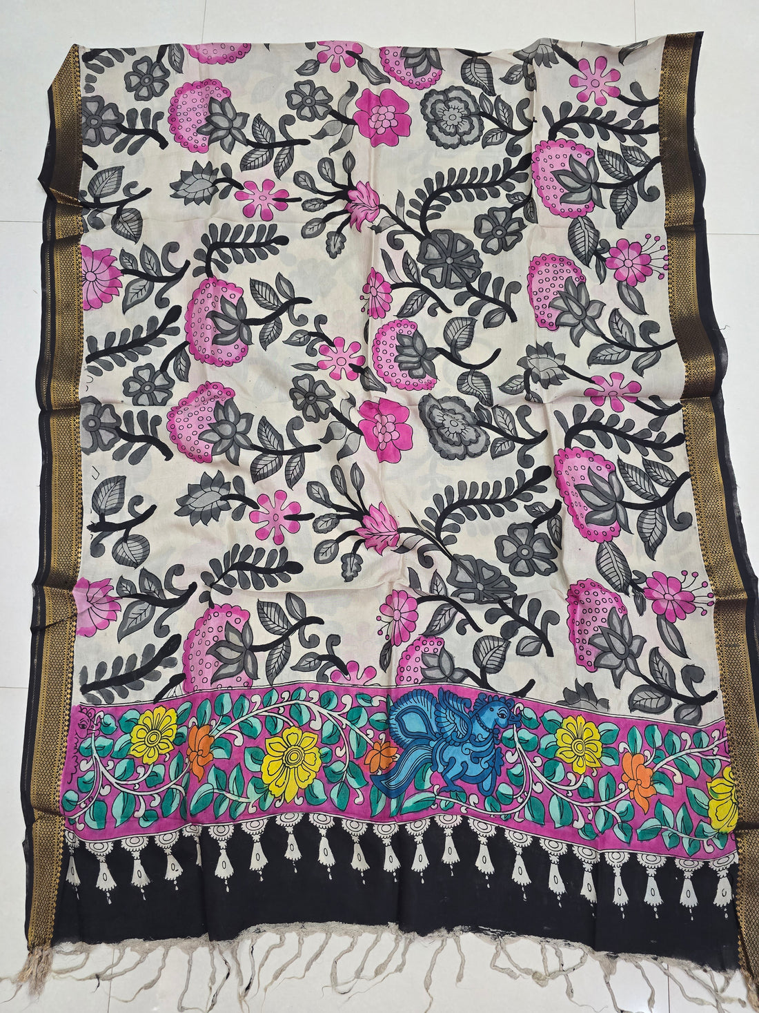 BLACK - SRIKALAHASTI HANDPAINTED KALAMKARI PURE CHENNURI SILK DUPATTA 04