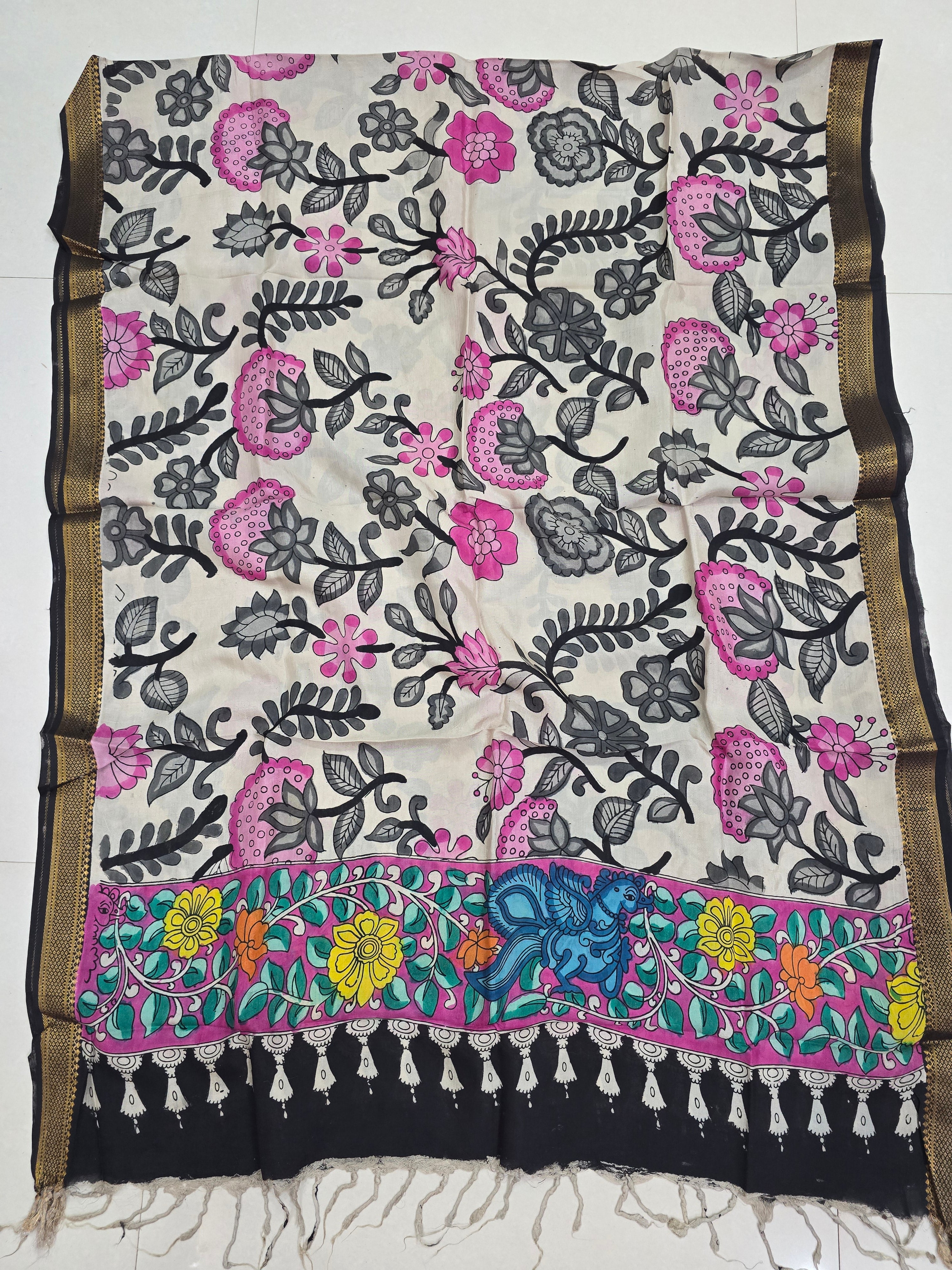 BLACK - SRIKALAHASTI HANDPAINTED KALAMKARI PURE CHENNURI SILK DUPATTA 04