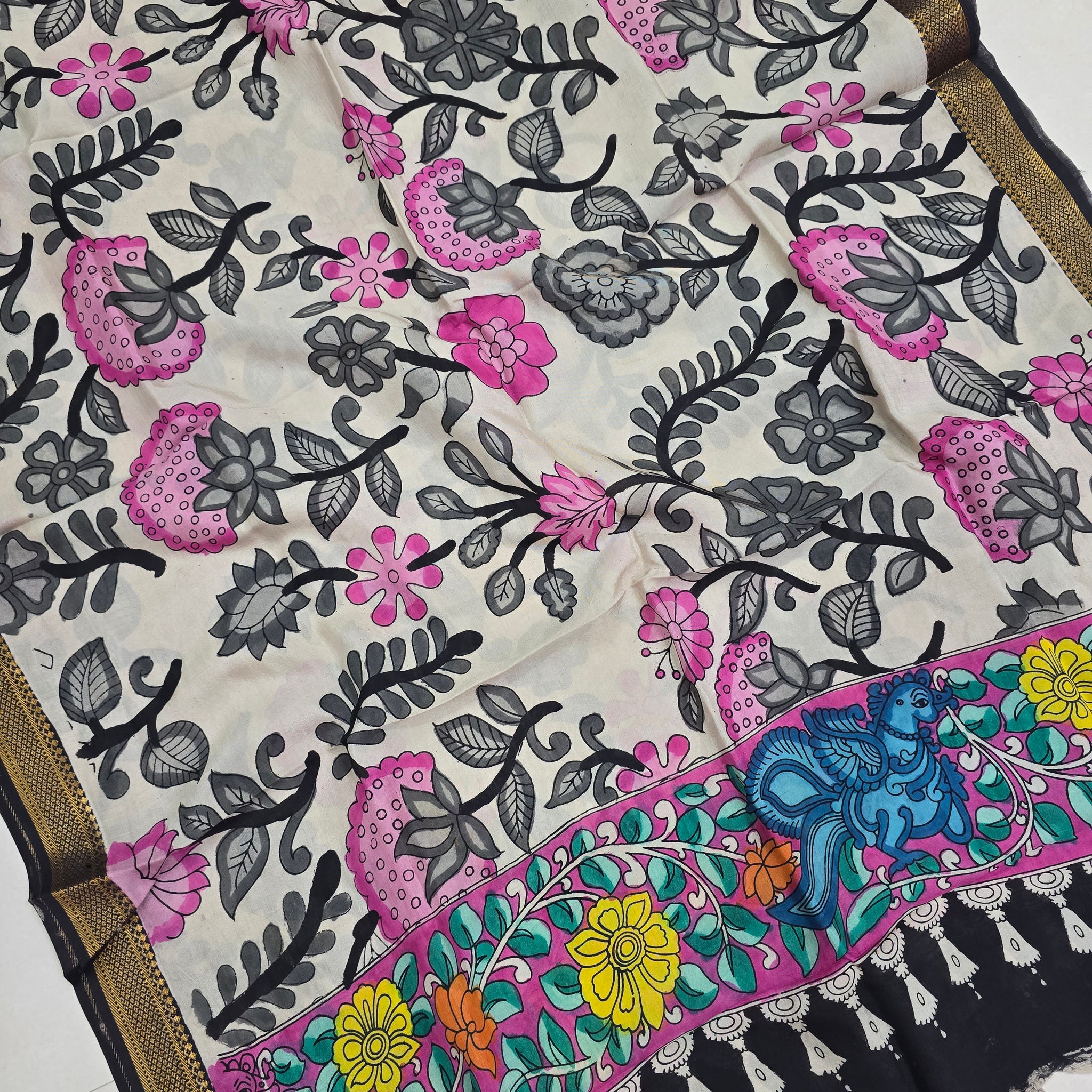 BLACK - SRIKALAHASTI HANDPAINTED KALAMKARI PURE CHENNURI SILK DUPATTA 04