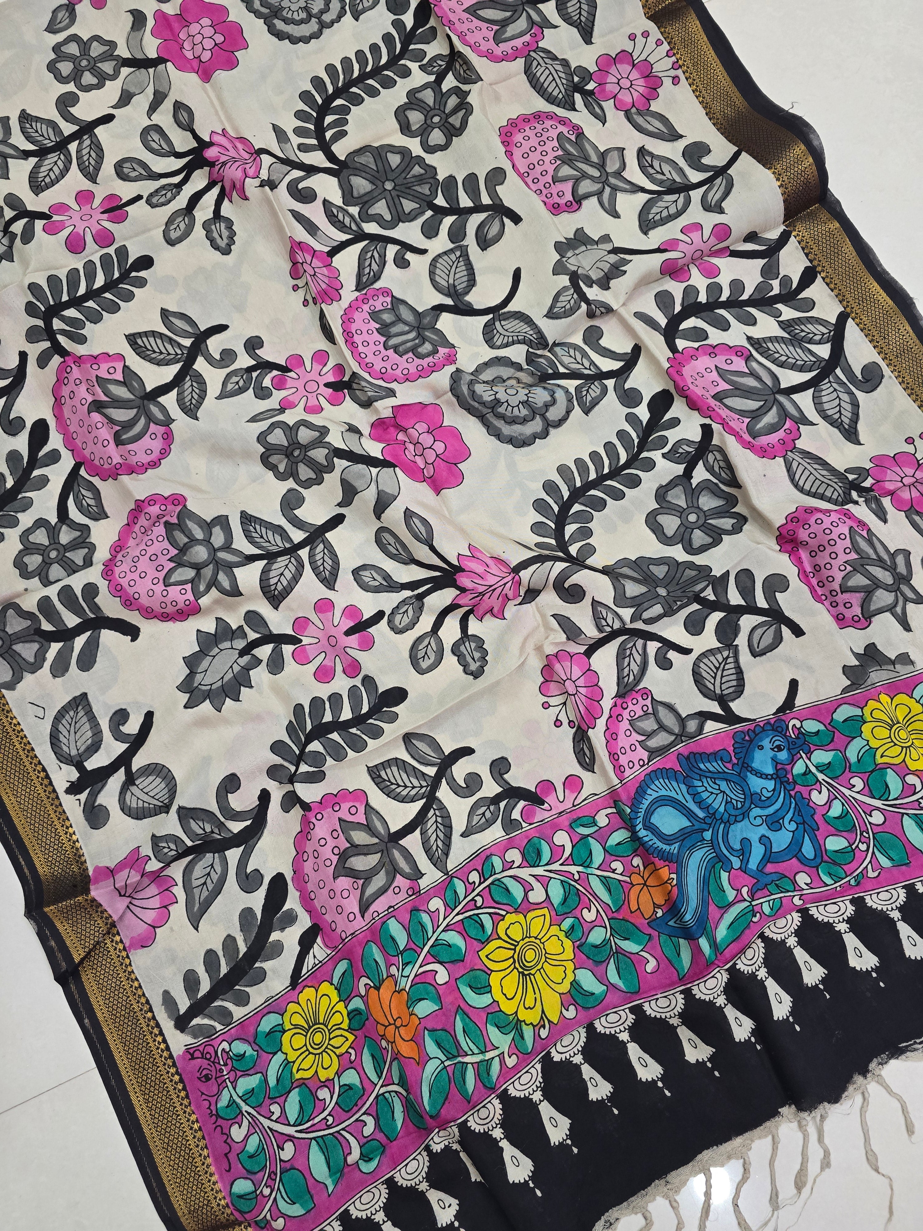 BLACK - SRIKALAHASTI HANDPAINTED KALAMKARI PURE CHENNURI SILK DUPATTA 04